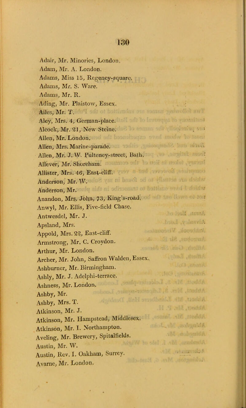Adair, Mr. Minories, London. Adam, Mr. A. London. Adams, Miss 15, Regency-square. Adams, Mr. S. Ware. Adams, Mr. R. Ading, Mr. Plaistow, Essex. Ailes, Mr. T. Aley, Mrs. 4, German-place. Alcock, Mr. 21, New Steine. Allen, Mr. London. Allen, Mrs. Marine-parade. Allen, Mr. J. W. Pulteney-strcet, Path. Allever, Mr. Shoreham. Allister, Mrs. 46, East-cliff. Anderson, Mr. W. Anderson, Mr, Anandon, Mrs. John, 73, King’s-road, Anwyl, Mr. Ellis, Five-field Chase. Antwesdel, Mr. J. Apsland, Mrs. Appold, Mrs. 22, East-cliff. Armstrong, Mr. C. Croydon. Arthur, Mr. London. Archer, Mr. John, Saffron Walden, Essex. Ashburncr, Mr. Birmingham. Ashly, Mr. J. Adelphi-terrace. Ashness, Mr. London. Ashby, Mr. Ashby, Mrs. T. Atkinson, Mr. J. Atkinson, Mr. Hampstead, Middlesex. Atkinson, Mr. I. Northampton. Avcling, Mr. Brewery, Spitalfields. Austin, Mr. W. Austin, Rev. I. Oakham, Surrey. Avarnc, Mr. London.