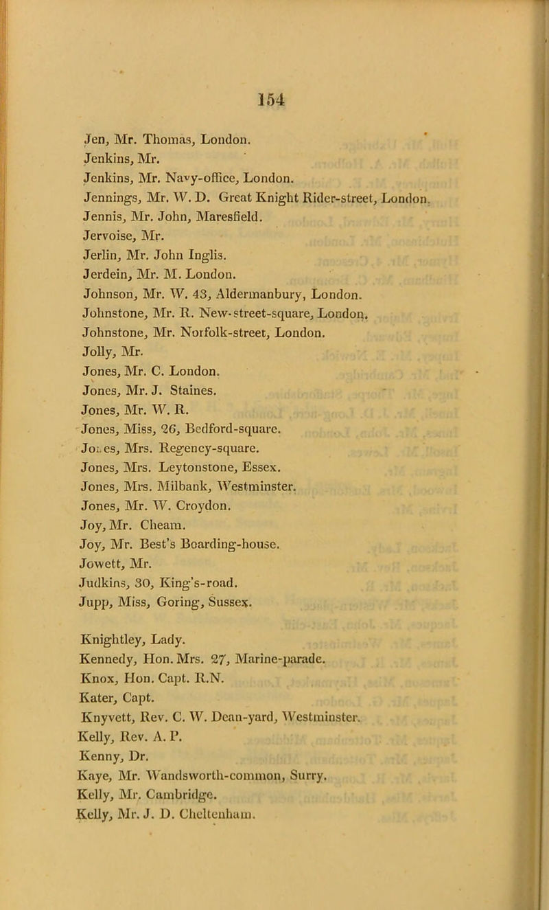 Jen, Mr. Thomas, London. Jenkins, Mr. Jenkins, Mr. Navy-office, London. Jennings, Mr. W. D. Great Knight Rider-street, London. Jennis, Mr. John, Maresfield. Jervoise, Mr. Jerlin, Mr. John Inglis. Jerdein, Mr. M. London. Johnson, Mr. W. 43, Aldermanbury, London. Johnstone, Mr. R. New-street-square, London. Johnstone, Mr. Norfolk-street, London. Jolly, Mr. Jones, Mr. C. London. \ Jones, Mr. J. Staines. Jones, Mr. W. R. Jones, Miss, 2G, Bedford-squarc. Jo;.es, Mrs. Regency-square. Jones, Mrs. Leytonsione, Essex. Jones, Mrs. Milbank, Westminster. Jones, Mr. W. Croydon. Joy, Mr. Cheam. Joy, Mr. Best’s Boarding-house. Jowett, Mr. Judkins, 30, King’s-road. Jupp, Miss, Goring, Sussex. Knightley, Lady. Kennedy, Hon. Mrs. 27, Marine-parade. Knox, Hon. Capt. R.N. Kater, Capt. Knyvett, Rev. C. W. Dean-yard, Westminster. Kelly, Rev. A. P. Kenny, Dr. Kaye, Mr. Wandsworth-common, Surry. Kelly, Mr, Cambridge. Kelly, Mr. J. D. Cheltenham.