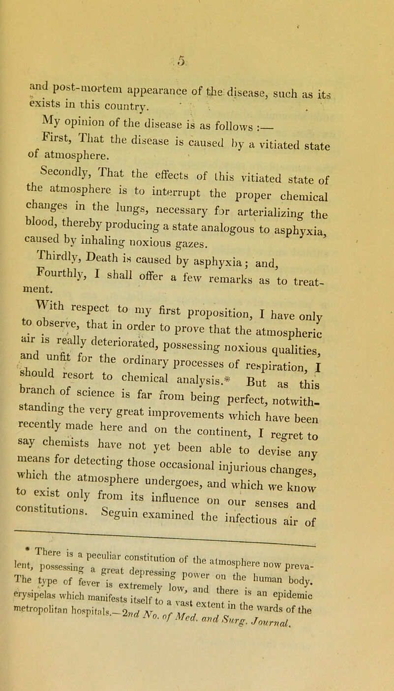 and post-mortem appearance of the disease, such as its exists in this country. ' My opinion of the disease is as follows : First, That the disease is caused by a vitiated state of atmosphere. Secondly, That the effects of this vitiated state of the atmosphere is to interrupt the proper chemical changes m the lungs, necessary for arterializing the blood, thereby producing a state analogous to asphyxia caused by inhaling noxious gazes. Thirdly, Death is caused by asphyxia; and Fourthly, I shall „ffer a few remarks as to treat- ment. With respect to my first proposition, I have only to observe that in order to prove that the atmospheric really deteriorated, possessing noxious qualities, shn in °rd,nai'y l)rocesses of respiration, I should resort to chemical analysis » But as this branch of science is far from being perfect, notwith- standing the very great improvements which have been recently made here and on the continent, I regret to say chemists have not yet been able to devise any means for detecting those occasional injurious changes 11C1. the atmosphere undergoes, and which we know to ex,st 0„,y from inlWe on ^ constitutions. Seguin examined the infectious air of 'enlTptei;T‘::;n‘,U“0n °f the ““f *» preva- The !rpe of fever i, MtrL“L^,d ther^ erysipelas which manifest, ibelf t0 a ” “ an hospital,.-2„rf AV „ ^