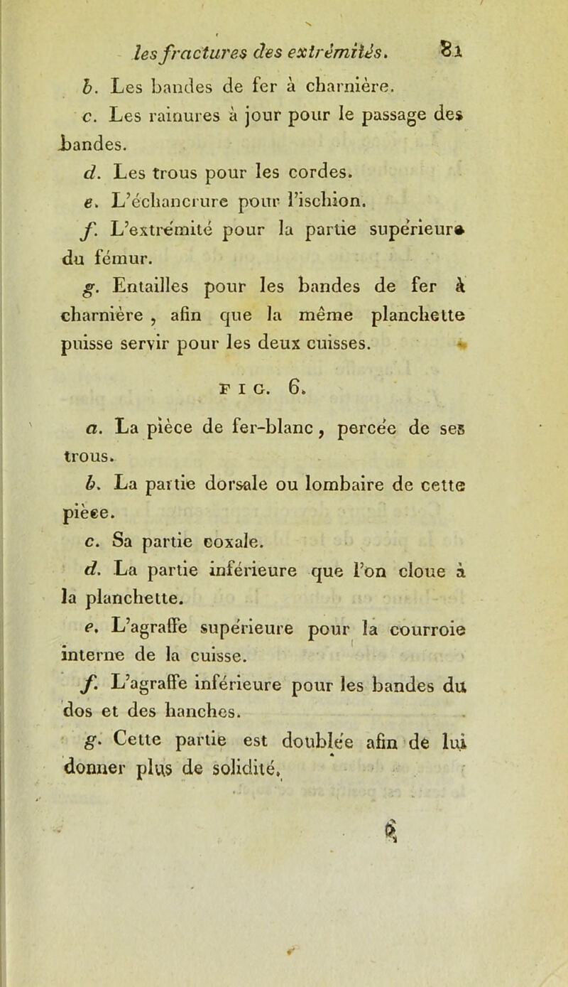 b. Les bandes de fer à charnière. c. Les rainures à jour pour le passage des Landes. d. Les trous pour les cordes. e. L’échancrure pour l’ischion. f. L’extrémité pour la partie supérieur* du fémur. g. Entailles pour les bandes de fer à charnière , afin que la même planchette puisse servir pour les deux cuisses. FIG. 6. a. La pièce de fer-blanc, perce'e de ses trous. b. La partie dorsale ou lombaire de cette pièce. c. Sa partie coxale. d. La partie inférieure que l’on cloue à la planchette. e. L’agralfe supérieure pour la courroie interne de la cuisse. f. L’agraffe inférieure pour les bandes du dos et des hanches. g. Cette partie est doublée afin de lui donner plus de solidité,