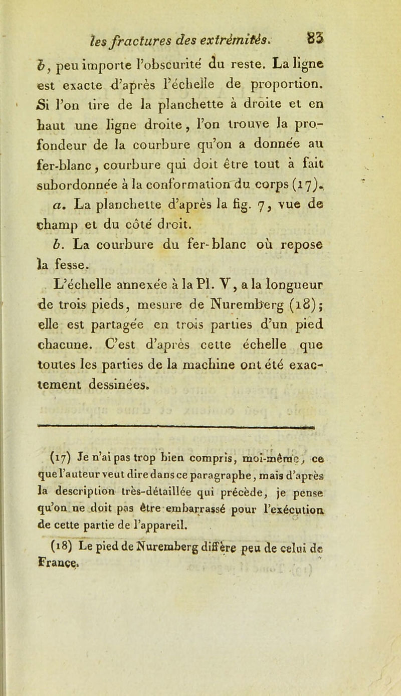 b, peu importe l’obscurité du reste. La ligne est exacte d’après l’échelle de proportion. Si l’on tire de la planchette à droite et en haut une ligne droite , l’on trouve la pro- fondeur de la courbure qu’on a donnée au fer-blanc, courbure qui doit être tout à fait subordonnée à la conformationdu corps (17). a. La planchette d’après la fig. 7, vue de champ et du côté droit. b. La courbure du fer-blanc où repose la fesse. L’échelle annexée à la PI. ’V , a la longueur de trois pieds, mesure de Nuremberg (18); elle est partagée en trois parties d’un pied chacune. C’est d’après cette échelle que toutes les parties de la machine ont été exac- tement dessinées. (17) Je n’ai pas trop bien compris, moi-même., ce que l’auteur veut dire dans ce paragraphe, mais d’après la description très-détaillée qui précède, je pense qu’on ne doit pas être embarrassé pour l’exécution de cette partie de l’appareil. (18) Le pied de Nuremberg diffère peu de celui de France.