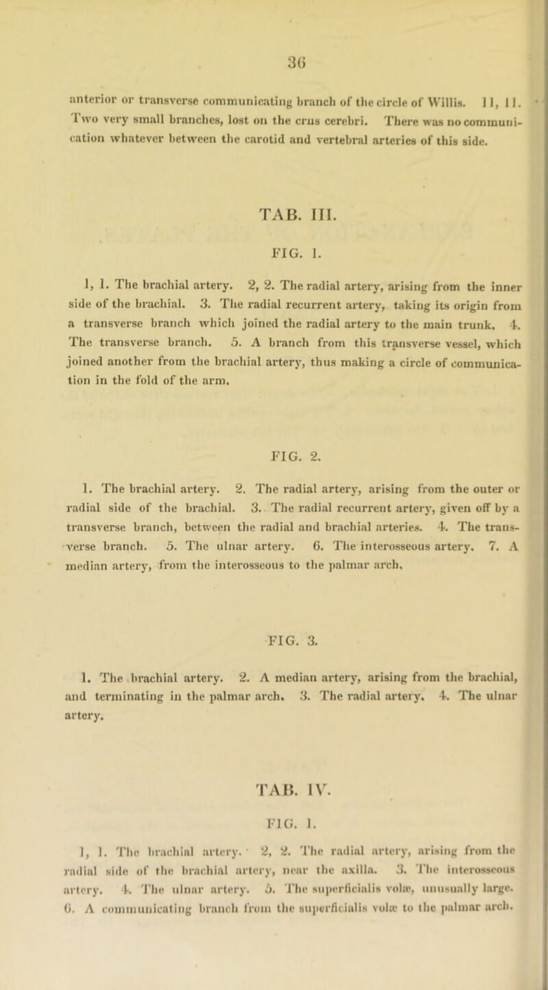 3(i anterior or transverse communicating branch of the circle of Willis. 11, II. I wo very small branches, lost on the crus cerebri. There was no communi- cation whatever between the carotid and vertebral arteries of this side. TAB. III. FIG. 1. 1, 1. The brachial artery. 2, 2. The radial artery, arising from the inner side of the brachial. 3. The radial recurrent artery, taking its origin from a transverse branch which joined the radial artery to the main trunk, 4. The transverse branch. 5. A branch from this transverse vessel, which joined another from the brachial artery, thus making a circle of communica- tion in the fold of the arm. FIG. 2. 1. The brachial artery. 2. The radial artery, arising from the outer or radial side of the brachial. 3. The radial recurrent artery, given off by a transverse branch, between the radial and brachial arteries. 4. The trans- verse branch. 5. The ulnar artery. 6. The interosseous artery. 7. A median artery, from the interosseous to the palmar arch. FIG. 3. 1, The brachial artery. 2. A median artery, arising from the brachial, and terminating in the palmar arch, 3. The radial artery. 4. The ulnar artery. TAB. IV. FIG. 1. 1, 1. The brachial artery. 2, 2. The radial artery, arising from the radial side of the brachial artery, near the axilla. 3. The interosseous artery. 4. The ulnar artery. 5. The supcrficialis vola?, unusually large.