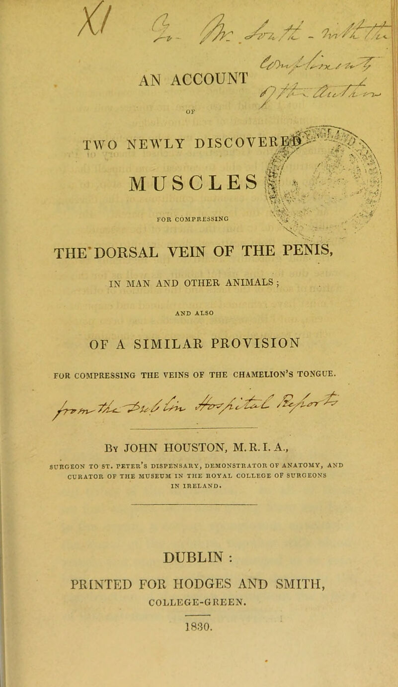 X/ n L, 25- - / AN ACCOUNT TWO NEWLY DISCOVER;^5-’'--j%-;\ MUSCLES if i IS'lll . V/ 7/’' '■ FOn COMPRESSING K’ THE’DORSAL VEIN OF THE PENIS, IN MAN AND OTHER ANIMALS ; AND ALSO OF A SIMILAR PROVISION FOR COMPRESSING THE VEINS OF THE CHAMELION’S TONGUE. /n^ By JOHN HOUSTON, M.R.I.A., SURGEON TO ST. Peter’s dispensary, demonstrator of anatomy, and CURATOR OF THE MUSEUM IN THE ROYAL COLLEGE OF SURGEONS IN IRELAND. DUBLIN : PRINTED FOR HODGES AND SMITH, COLLEGE-GREEN. 1830.