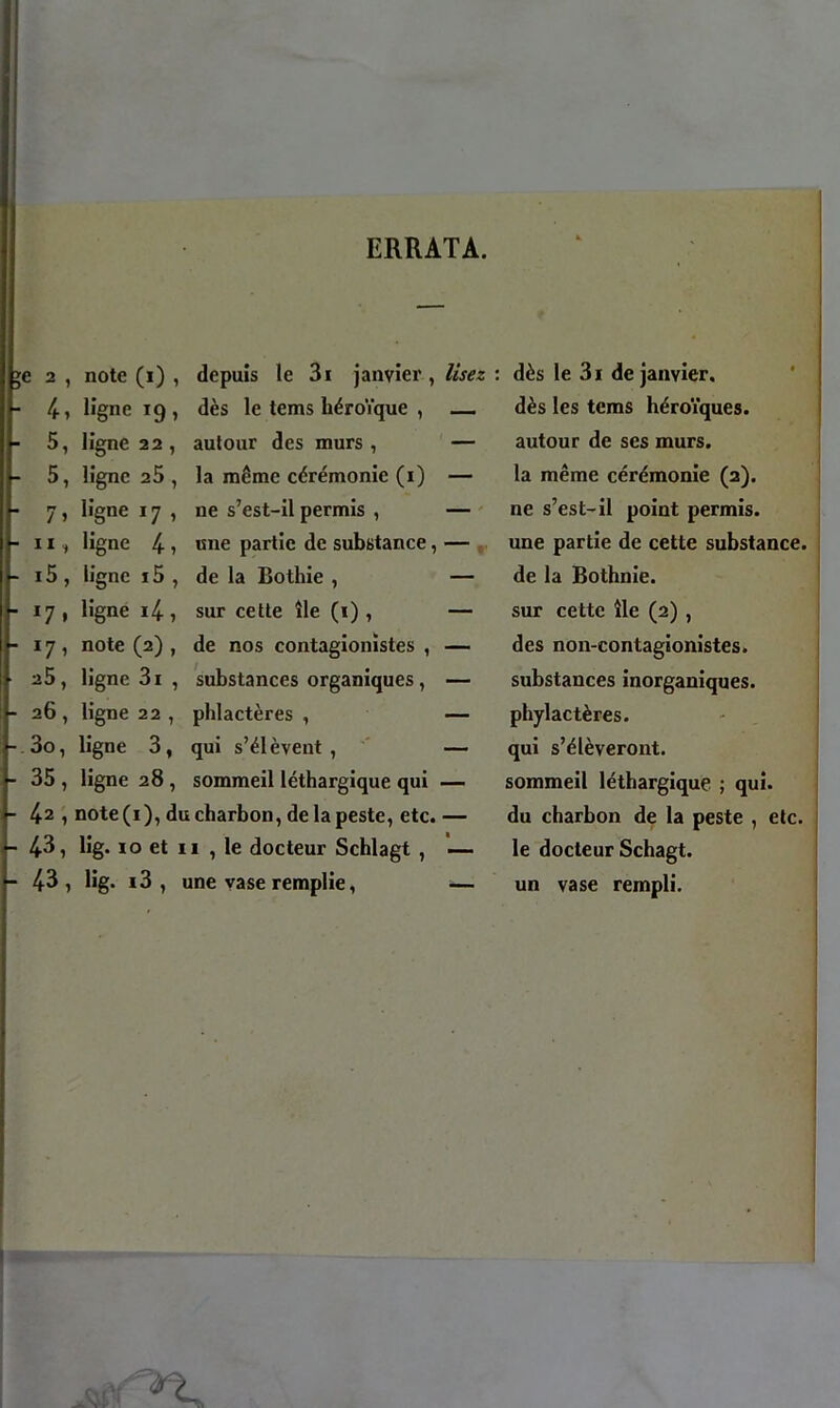 ERRATA. 2 , note (i) , depuis le 3i janvier, lisez 4, ligne 19, dès le tems héroïque , — 5, ligne 22, autour des murs, — 5, ligne 25 , la même cérémonie (1) — 7, ligne 17, ne s’est-il permis , — 11 , ligne 4 ) one partie de substance, — 15 , ligne 15 , de la Bothie , — 17, ligne i4, sur cette île (1) , — 17, note (2) , de nos contagionistes , — 25, ligne 3i , substances organiques, — 26 , ligne 22 , pldactères , — 3o, ligne 3, qui s’élèvent, — 35 , ligne 28 , sommeil léthargique qui — 42 , note(i), du charbon, de la peste, etc. — 43, lig. i o et 11 , le docteur Schlagt , — 43, lig. i3 , une vase remplie, — : dès le 31 de janvier, dès les tems héroïques, autour de ses murs, la même cérémonie (2). ne s’est-il point permis, une partie de cette substance, de la Bothnie, sur cette île (2) , des non-eontagionistes. substances inorganiques, phylactères, qui s’élèveront, sommeil léthargique ; qui. du charbon de la peste , etc. le docteur Schagt. un vase rempli.