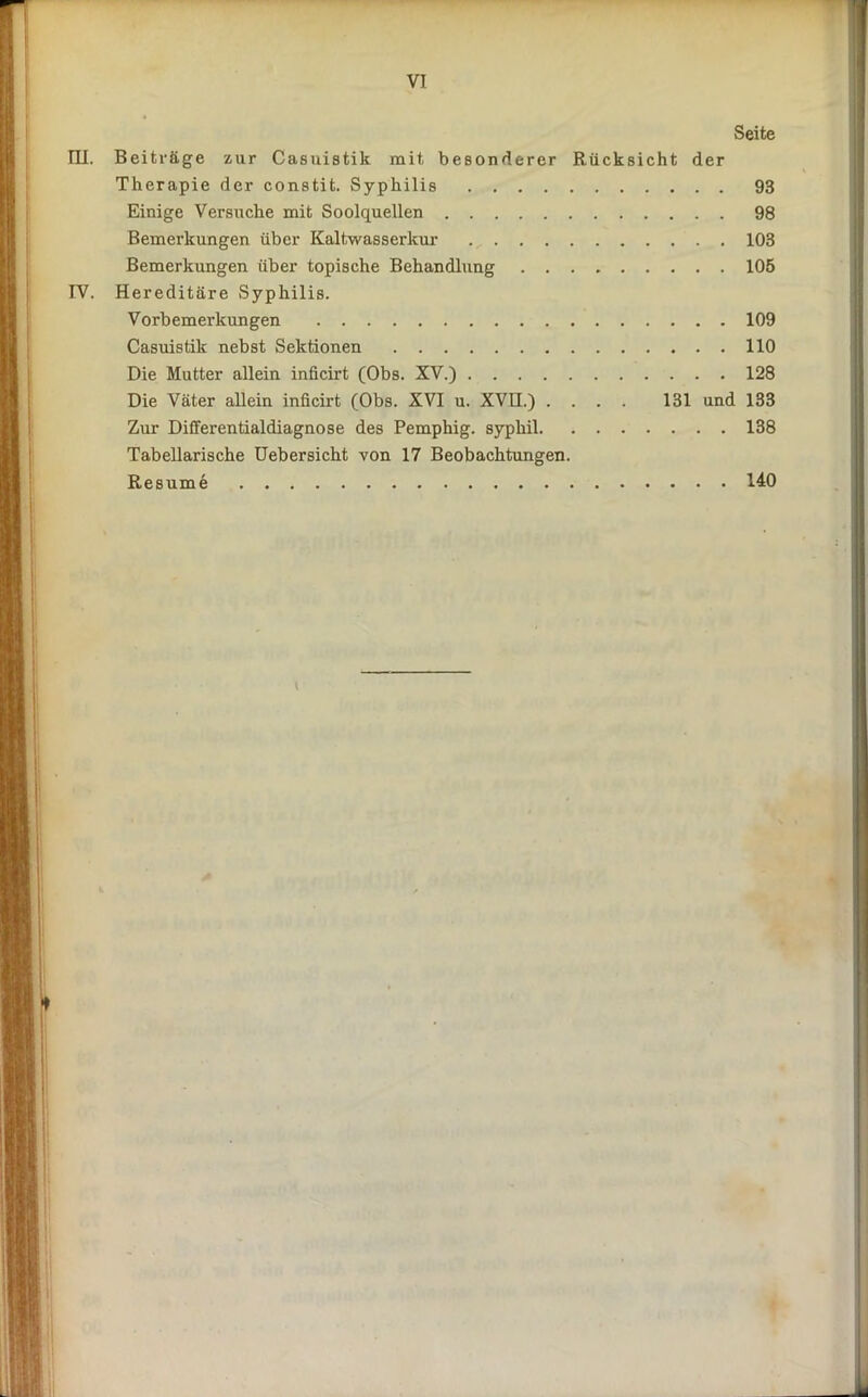 VI Seite ILL Beiträge zur Casuistik mit besonderer Rücksicht der Therapie der constit. Syphilis 93 Einige Versuche mit Soolquellen 98 Bemerkungen über Kaltwasserkur 103 Bemerkungen über topische Behandlung 105 IV. Hereditäre Syphilis. Vorbemerkungen 109 Casuistik nebst Sektionen 110 Die Mutter allein inficirt (Obs. XV.) 128 Die Väter allein inficirt (Obs. XVI u. XVII.) .... 131 und 133 Zur Differentialdiagnose des Pemphig. sypliil 138 Tabellarische Uebersicht von 17 Beobachtungen. Resume 140