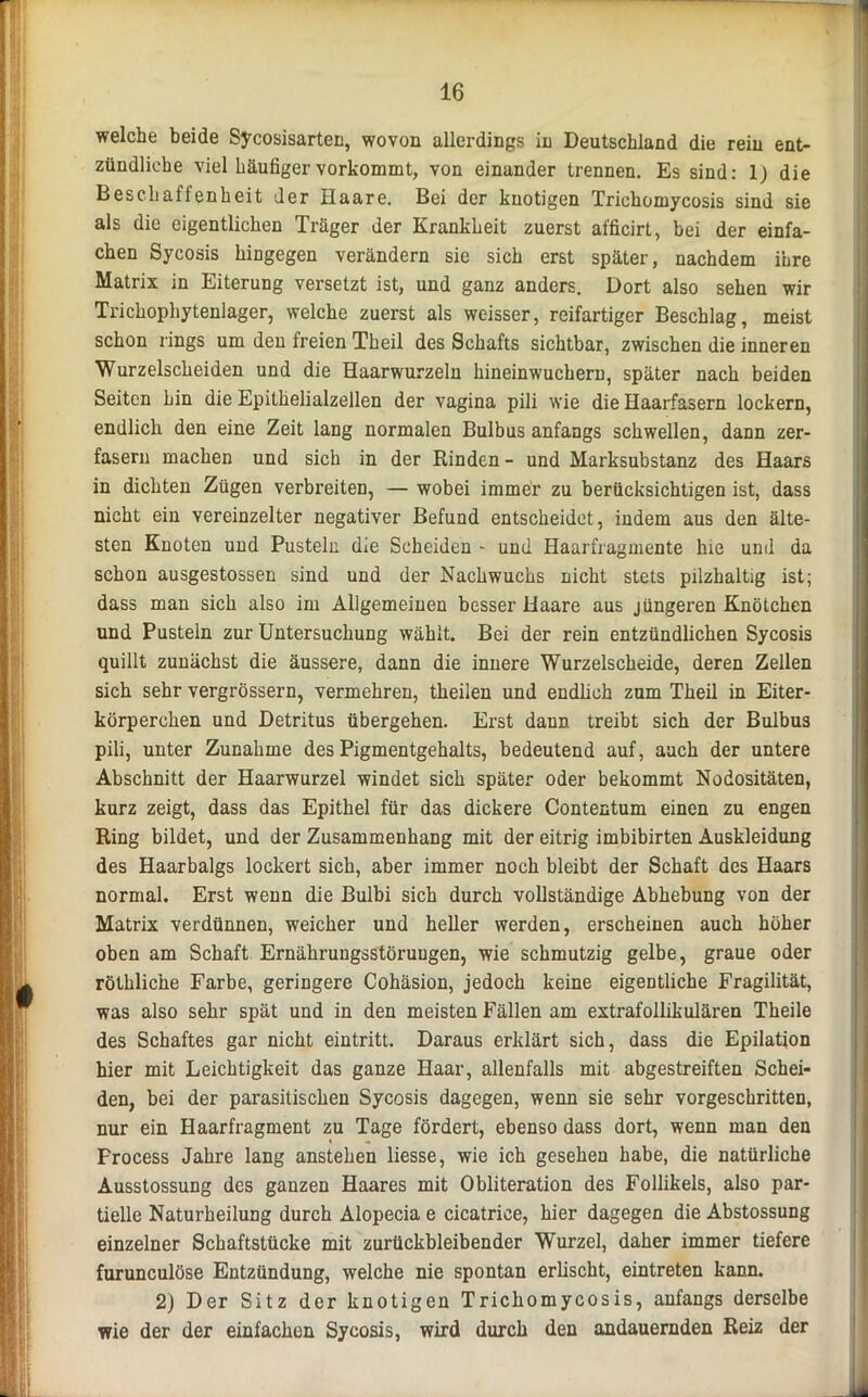 welche beide Sycosisarten, wovon allerdings in Deutschland die rein ent- zündliche viel häufiger vorkommt, von einander trennen. Es sind: 1) die Beschaffenheit der Haare. Bei der knotigen Trichomycosis sind sie als die eigentlichen Träger der Krankheit zuerst afficirt, bei der einfa- chen Sycosis hingegen verändern sie sich erst später, nachdem ihre Matrix in Eiterung versetzt ist, und ganz anders. Dort also sehen wir Trichophytenlager, welche zuerst als weisser, reifartiger Beschlag, meist schon rings um den freien Theil des Schafts sichtbar, zwischen die inneren Wurzelscheiden und die Haarwurzeln hineinwuchern, später nach beiden Seiten hin die Epithelialzellen der vagina pili wie die Haarfasern lockern, endlich den eine Zeit lang normalen Bulbus anfangs schwellen, dann zer- fasern machen und sich in der Rinden - und Marksubstanz des Haars in dichten Zügen verbreiten, — wobei immer zu berücksichtigen ist, dass nicht ein vereinzelter negativer Befund entscheidet, indem aus den älte- sten Kuoten und Pusteln die Scheiden - und Haarfragmente hie und da schon ausgestossen sind und der Nachwuchs nicht stets pilzhaltig ist; dass man sich also im Allgemeinen besser Haare aus jüngeren Knötchen und Pusteln zur Untersuchung wählt. Bei der rein entzündlichen Sycosis quillt zunächst die äussere, dann die innere Wurzelscheide, deren Zellen sich sehr vergrössern, vermehren, theilen und endlich zum Theil in Eiter- körperchen und Detritus übergehen. Erst dann treibt sich der Bulbus pili, unter Zunahme des Pigmentgehalts, bedeutend auf, auch der untere Abschnitt der Haarwurzel windet sich später oder bekommt Nodositäten, kurz zeigt, dass das Epithel für das dickere Contentum einen zu engen Ring bildet, und der Zusammenhang mit der eitrig imbibirten Auskleidung des Haarbalgs lockert sich, aber immer noch bleibt der Schaft des Haars normal. Erst wenn die Bulbi sich durch vollständige Abhebung von der Matrix verdünnen, weicher und heller werden, erscheinen auch höher oben am Schaft Ernährungsstörungen, wie schmutzig gelbe, graue oder röthliche Farbe, geringere Cohäsion, jedoch keine eigentliche Fragilität, was also sehr spät und in den meisten Fällen am extrafollikulären Theile des Schaftes gar nicht eintritt. Daraus erklärt sich, dass die Epilation hier mit Leichtigkeit das ganze Haar, allenfalls mit abgestreiften Schei- den, bei der parasitischen Sycosis dagegen, wenn sie sehr vorgeschritten, nur ein Haarfragment zu Tage fördert, ebenso dass dort, wenn man den Frocess Jahre lang anstehen liesse, wie ich gesehen habe, die natürliche Ausstossung des ganzen Haares mit Obliteration des Follikels, also par- tielle Naturheilung durch Alopecia e cicatrice, hier dagegen die Abstossung einzelner Schaftstücke mit zurückbleibender Wurzel, daher immer tiefere furunculöse Entzündung, welche nie spontan erlischt, eintreten kann. 2) Der Sitz der knotigen Trichomycosis, anfangs derselbe wie der der einfachen Sycosis, wird durch den andauernden Reiz der