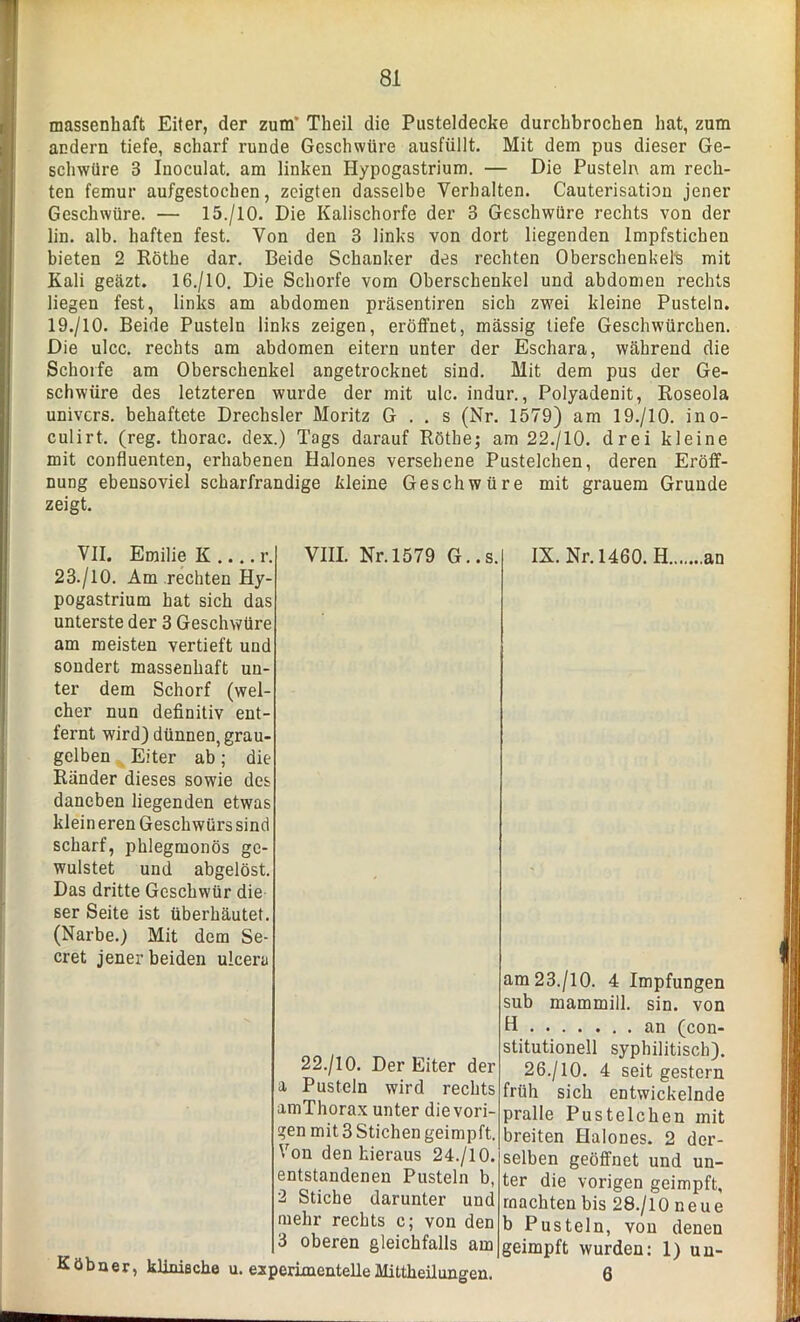 massenhaft Eiter, der zum’ Theil die Pusteldecke durchbrochen hat, zum andern tiefe, scharf runde Geschwüre ausfüllt. Mit dem pus dieser Ge- schwüre 3 Inoculat. am linken Hypogastrium. — Die Pusteln am rech- ten femur aufgestochen, zeigten dasselbe Verhalten. Cauterisation jener Geschwüre. — 15./10. Die Kalischorfe der 3 Geschwüre rechts von der lin. alb. haften fest. Von den 3 links von dort liegenden Impfstichen bieten 2 Rothe dar. Beide Schanker des rechten Oberschenkels mit Kali geäzt. 16./10. Die Schorfe vom Oberschenkel und abdomen rechts liegen fest, links am abdomen präsentiren sich zwei kleine Pusteln. 19./10. Beide Pusteln links zeigen, eröffnet, massig tiefe Geschwürchen. Die ulcc. rechts am abdomen eitern unter der Eschara, während die Schorfe am Oberschenkel angetrocknet sind. Mit dem pus der Ge- schwüre des letzteren wurde der mit ulc. indur., Polyadenit, Roseola univcrs. behaftete Drechsler Moritz G . . s (Nr. 1579) am 19./10. ino- culirt. (reg. thorac. dex.) Tags darauf Rötbe; am 22./10. drei kleine mit confluenten, erhabenen Halones versehene Pustelchen, deren Eröff- nung ebensoviel scharfrandige kleine Geschwüre mit grauem Grunde zeigt. VII. Emilie K .... r. 23./10. Am rechten Hy- pogastrium hat sich das unterste der 3 Geschwüre am meisten vertieft und sondert massenhaft un- ter dem Schorf (wel- cher nun definitiv ent- fernt wird) dünnen, grau- gelben Eiter ab; die Ränder dieses sowie des daneben liegenden etwas kleineren Geschwürs sind scharf, phlegmonös gc- wulstet und abgelöst. Das dritte Geschwür die ser Seite ist überbautet. (Narbe.) Mit dem Se- cret jener beiden ulcera Köbner, klinische VIII. Nr. 1579 G..s. 22./10. Der Eiter der a Pusteln wird rechts amThorax unter die vori- gen mit 3 Stichen geimpft. Von den hieraus 24./10. entstandenen Pusteln b, 2 Stiche darunter und mehr rechts c; von den 3 oberen gleichfalls am IX. Nr. 1460. H an am 23./10. 4 Impfungen sub mammill. sin. von H an (con- stitutionell syphilitisch). 26./10. 4 seit gestern früh sich entwickelnde pralle Pustelchen mit breiten Halones. 2 der- selben geöffnet und un- ter die vorigen geimpft, machten bis 28./10 neue b Pusteln, von denen geimpft wurden: 1) uu- 6 u. experimentelle Mittheilungen.