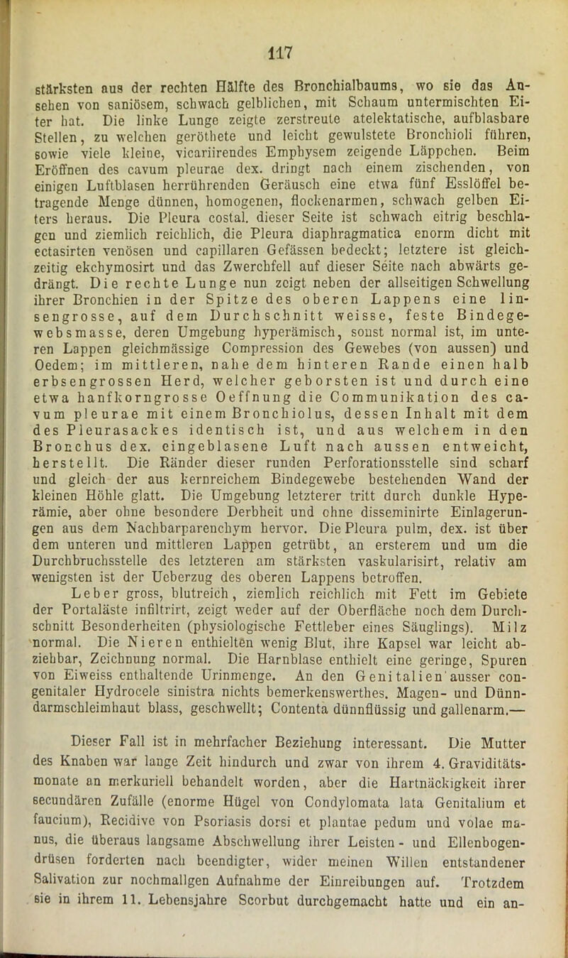 stärksten aus der rechten Hälfte des Bronchialbaums, wo sie das An- sehen von saniösem, schwach gelblichen, mit Schaum untermischten Ei- ter hat. Die linke Lunge zeigte zerstreute atelektatische, aufblasbare Stellen, zu welchen geröthete und leicht gewulstete Bronchioli führen, sowie viele kleine, vicariirendes Emphysem zeigende Läppchen. Beim Eröffnen des cavum pleurae dex. dringt nach einem zischenden, von einigen Luftblasen herrührenden Geräusch eine etwa fünf Esslöffel be- tragende Menge dünnen, homogenen, flockenarmen, schwach gelben Ei- ters heraus. Die Pleura costal. dieser Seite ist schwach eitrig beschla- gen und ziemlich reichlich, die Pleura diaphragmatica enorm dicht mit ectasirten venösen und capillaren Gefässen bedeckt; letztere ist gleich- zeitig ekchymosirt und das Zwerchfell auf dieser Seite nach abwärts ge- drängt. Die rechte Lunge nun zeigt neben der allseitigen Schwellung ihrer Bronchien in der Spitze des oberen Lappens eine lin- sengrosse, auf dem Durchschnitt weisse, feste Bindege- websmasse, deren Umgebung hyperämisch, sonst normal ist, im unte- ren Lappen gleichmässige Compression des Gewebes (von aussen) und Oedem; im mittleren, nahe dem hinteren Rande einen halb erbsengrossen Herd, welcher geborsten ist und durch eine etwa hanfkorngrosse Oeffnung die Communikation des ca- vum pleurae mit einem Bronchiolus, dessen Inhalt mit dem des Pleurasackes identisch ist, und aus welchem in den Bronchus dex. eingeblasene Luft nach aussen entweicht, herstellt. Die Ränder dieser runden Perforationsstelle sind scharf und gleich der aus kernreichem Bindegewebe bestehenden Wand der kleinen Höhle glatt. Die Umgebung letzterer tritt durch dunkle Hype- rämie, aber ohne besondere Derbheit und ohne disseminirte Einlagerun- gen aus dem Nachbarparenchym hervor. Die Pleura pulm, dex. ist über dem unteren und mittleren Lappen getrübt, an ersterem und um die Durchbruchsstelle des letzteren am stärksten vaskularisirt, relativ am wenigsten ist der Ueberzug des oberen Lappens betroffen. Leber gross, blutreich, ziemlich reichlich mit Fett im Gebiete der Portaläste infiltrirt, zeigt weder auf der Oberfläche noch dem Durch- schnitt Besonderheiten (physiologische Fettleber eines Säuglings). Milz normal. Die Nieren enthielten wenig Blut, ihre Kapsel war leicht ab- ziehbar, Zeichnung normal. Die Harnblase enthielt eine geringe, Spuren von Eiweiss enthaltende Urinmenge. An den Genitalien'ausser con- genitaler Hydrocele sinistra nichts bemerkenswerthes. Magen- und Dünn- darmschleimhaut blass, geschwellt; Contenta dünnflüssig und gallenarm.— Dieser Fall ist in mehrfacher Beziehung interessant. Die Mutter des Knaben war lange Zeit hindurch und zwar von ihrem 4. Graviditäts- monate an merkuriell behandelt worden, aber die Hartnäckigkeit ihrer 6ecundären Zufälle (enorme Hügel von Condylomata lata Genitalium et faucium), Recidive von Psoriasis dorsi et plantae pedum und volae ma- nus, die überaus langsame Abschwellung ihrer Leisten - und Ellenbogen- drüsen forderten nach beendigter, wider meinen Willen entstandener Salivation zur nochmaligen Aufnahme der Einreibungen auf. Trotzdem sie in ihrem 11. Lebensjahre Scorbut durchgemacht hatte und ein an-