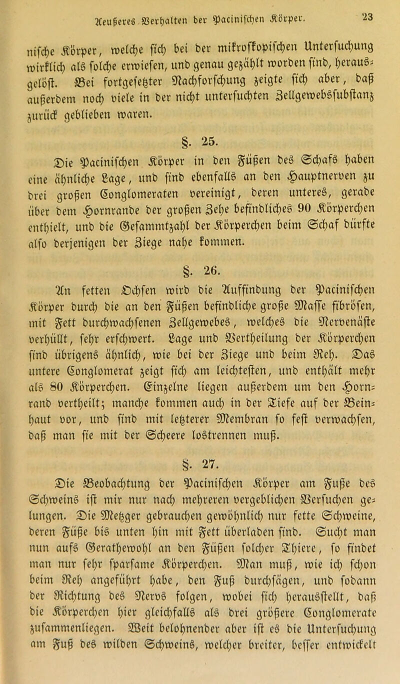 ‘23 ntfd?c Körper, welche ftd; bei ber mifroffopifchen Unterfuchung n,irf(id) als fo(d>e erwiefett, unb genau gejagt worben ftnb, i)erau6^ gctöfl. Sei fortgefefcter 9tad;forfd;ung jeigte ftd) aber, baß außerbem noch oiele in ber nicht unterfucpten SellgewebSfubftanj jurücf geblieben waren. §• 25. Sie 9)acinifd)en Körper in ben Süßen beS <Sd;afS t)aben eine ähnliche Sage, unb ftnb ebenfalls an ben £auptneroen ju brei großen Konglomeraten bereinigt, beren unteres, gerabe über bem £ornranbe ber großen 3el;e beftnblicf>eö 90 £brperd;en enthielt, unb bie ©efammtjal;l ber Körperchen beim (Schaf bürfte alfo berjenigen ber Stege nal;e kommen. §. 26. 2ln fetten Schfen wirb bie Eufftnbung ber ^>acinifd?en Körper burd; bie an ben güßen beftnblicße große Sttaffe ftbröfen, mit §ett burdjwachfenen SdlgewebeS, welches bie ÜJJcrbenäjte oerl;üllt, feßr erfd;wert. Sage unb 35ertl;eilung ber Körperchen ftnb übrigens ähnlich, wie bei ber Siege unb beim 9tel;. SaS untere Konglomerat jeigt ftd; am leidßteften, unb enthalt tnel;r als 80 Körperchen. Kinjelne liegen außerbem um ben $orns raub oertl;etlt; manche kommen aud; tn ber Sliefe auf ber SBein* l;aut oor, unb ftnb mit letzterer Membran fo feft oerwadjfcn, baß man fte mit ber ©cßeere loStrcnnen muß. §. 27. Sie ^Beobachtung ber ^acinifcßen Körper am gitße beS <Scl;weinS ift mir nur nad; mehreren t)ergeblid;en S$crfud;en ge* luttgen. Sie SDZeßger gebrauchen gewöhnlich nur fette (Schweine, beren Süße bis unten l;tn mit gett überlaben ftnb. (Sttd;t man nun aufs ©erathewol;l an ben güßen fold;cr Sl;iere, fo ft'nbet man nur fet;r fparfante Körpercl;en. 5)1 an muß, wie id; fd;on beim 9te(; angeführt habe, ben §uß burd;fägen, unb fobann ber 9lid;tung beS üfteroS folgen, wobei fiel; ^erauSftellt, baß bie Körperchen htcr gleid;fallS als brei größere Konglomerate jufammenliegen. SGBett belohnenber aber ift eS bie Untcrfud;ung am y^uß beS wtlben (Schweins, welcher breiter, beffer entwickelt