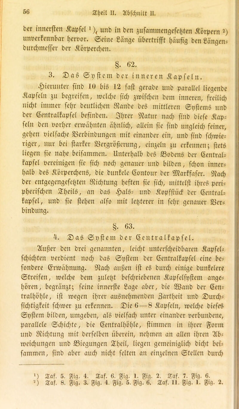 56 Ä&eK II. 2f6fct>nitt II. ber inncrften Zapfet1 \ unb in ben jufammengefe^ten Körpern 2) unberfennbar berbot. ©eine Sänge übertrifft fjäuftg ben Sängen; burcbmeffer ber Äorperd)en. §• 62. 3. Sag ©pftcm ber inneren Jtapfeln. hierunter ftnb 10 big 12 faft gerabe unb parallel liegenbe Äapfeln ju begreifen, mcldje fiel; jraifdjen bcm inneren, freilich nid;t immer fel)r beutlid;en 9ianbe beg mittleren ©pfterng unb ber dentralfapfel beftnbett. Sfjrer 9?atur nach fnib bicfe Äap; fein ben borl)er ermähnten äbnlid), aUet'n fte ftnb uttgleid) feiner, geben biclfacbe äkrbinbungen mit einanber ein, unb ftnb fcbroie; rigcr, nur bet flavfer SSergröjjerttng, einzeln ju ernennen; ftetg liegen fte nabe beifatnmett. Unterhalb beg SSobeng ber dentral; fapfel bereinigen fte ftd? nod) genauer unb bilbert, febon inner; halb beg Äörpercbeng, bte bttnfele dontour ber SOtarffafer. 9tacb ber entgegengefebten Üficbtung b^ften fte ft'cb, mitteljl t'breg peri; pbertfeben Sbetlg, an bag $alg; unb Äopffrücf ber Zentral; fapfel, unb fte flehen alfo mit letzterer in fel;r genauer 58er; binbung. §. 63. 4. Sag ©p ft ent ber dentralfapfel. 2(uf5er ben brei genannten, leidet mtterfd;eibbaren Äapfel; febiebten berbient nod; bag ©vflent ber dentralfapfel eine be; fonbere drtväbmtng. £Hacb außen ift eg bureb einige bunfelere ©treifen, welche bem jule^t befd;riebenen Äapfelfpflem ange; hören, begränjt; feine tnnerfle Sage aber, bte Sßanb ber den; tralboble, ifr megen ihrer augitebmenbeit Zartheit unb Surd^ fidjtigHeit ferner ju ernennen. Sie 6—8 Äapfetn, welche biefeg ©pftem bilben, umgeben, alg bielfad) unter einanber berbunbene, parallele ©d)id)tc, bie dentralböble, ffimmen in t’brer gönn unb 9iid)tung mit berfelbcn überein, nehmen an allen ihren 3lb; Weisungen unb ^Biegungen Sbeil, liegen gemeiniglid? bid;t bei; fammen, ftnb aber auch nicht fetten an einzelnen ©teilen bureb ') Saf. 5. gig. 4. Saf. 6. gig. 1. gig. 2. Saf. 7. gig. 6.