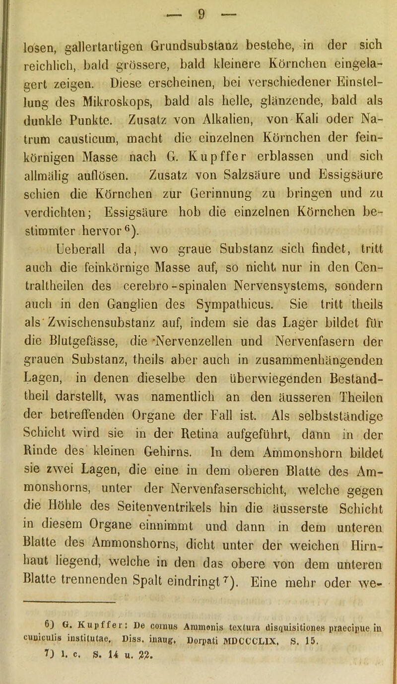 9 losen, gallertartigen Grandsubstanz bestehe, in der sich reichlich, bald grössere, bald kleinere Körnchen eingela- gert zeigen. Diese erscheinen, bei verschiedener Einstel- lung des Mikroskops, bald als helle, glanzende, bald als dunkle Punkte, Zusatz von Alkalien, von Kali oder Na- trum causticum, macht die einzelnen Körnchen der fein- körnigen Masse nach G. Kupffer erblassen und sich allmalig auflösen. Zusatz von Salzsäure und Essigsäure schien die Körnchen zur Gerinnung zu bringen und zu verdichten; Essigsäure hob die einzelnen Körnchen be- stimmter hervor6). Ueberall da, wo graue Substanz sich findet, tritt auch die feinkörnige Masse auf, so nicht, nur in den Cen- traltheilen des cerebro-spinalen Nervensystems, sondern auch in den Ganglien des Sympathicus. Sie tritt theils als'Zwischensubstanz auf, indem sie das Lager bildet für die Blutgefässe, die -Nervenzellen und Nervenfasern der grauen Substanz, theils aber auch in zusammenhängenden Lagen, in denen dieselbe den überwiegenden Bestand- teil darstellt, was namentlich an den äusseren Theilcn der betreffenden Organe der Fall ist. Als selbstständige Schicht wird sie in der Retina aufgeführt, dann in der Rinde des kleinen Gehirns. In dem Ammonshorn bildet sie zwei Lagen, die eine in dem oberen Blatte des Am- monshorns, unter der Nervenfaserschicht, welche gegen die Höhle des Seitenventrikels hin die äusserste Schicht in diesem Organe einnimmt und dann in dem unteren Blatte des Ammonshorns, dicht unter der weichen Hirn- haut liegend, welche in den das obere von dem unteren Blatte trennenden Spalt eindringt7). Eine mehr oder we- 6) O. Kupffer: De cornus Aiumonjs textura disquisitioue» praecipue in cuuiculis instilutae. Diss. iuaug, Dorpati MDCCC'LIX, S. 15.