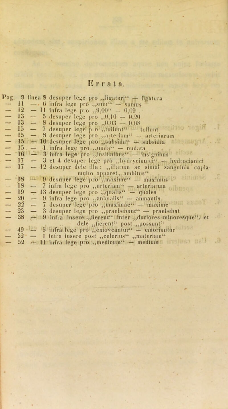 E r r a t a. 9 linea S desuper lege pro „ligaturi“ — ligatura 11 —/ G infra lege pro 5,s«int“ — sumus 12 — II infra lege pro „9,00“ — 0,09 13 — 5 desuper lege pro „0,10 — 0,20 13 — 8 desuper lege pro „0.03 — 0,08 15 — 7 desuper lege' pro ,',lullunf“ — tollunt 15 — 8 desuper lege pro „arteriam“ — arteriarum 15 — 10 desuper lege pro „sul>sida“ — subsidia 15 — 1 infra lege pro ,,unda“ — nudata 16 — 3 infra lege pro „insil!nil>us“ — insignibus 17 — 3 et 4 desuper lege pro .,hydrycianjci“, — hydrocianici 17 — 12 desuper dele illa: illarum ac simul sanguinis copia mullo apparet, amhitus“ 18 — 9 desuper lege pro „maxime“ — maximus IS — 7 infra lege pro ,,arteriam1* — arteriarum 19 — 13 desuper lege pro ,,(jnalis“ — quales 20 — 9 infra lege pro „animalis“ — anmanlis 22 — 7 desuper lege pro ,jmaximae“ — maxime 23 — 3 desuper lege pro „praebebant“ — praebebat 38 — 9 infra insere „lierent“ inter „duriores minoresque11, et dele „fierent“ post „possunt“ 49 — 5 infra lege pro ,,emoveantur“ — emoriantur 52 — 1 infra insere post „celerius“ ,,materiam“ 52 — II infra lege pro ..medicum11 — mediutu