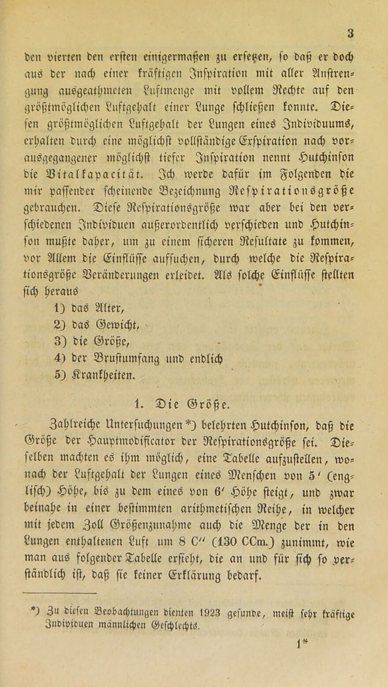 feen feierten feen erßett einigermaßen ju erfe^en, fo baß er bod) aus feer nacß einer fräfttgen 3nfpiration mit aller Slnßren* gung auegeatßmeteu fhiftmengc mit rollern ^edjtc auf feen größtmöglidjen Shiftgeßalt einer 2unge fdjlteßen fonnte. £)ie* fen gröjtmögltcßen Suftgeßalt feer Sungen eineö Snbiribuumd, erhalten feurd) eine möglid)ß rollßänbt'ge (£rfpiratton nad) »or* auögegangener ntöglidjß tiefer 3nfpiratton nennt .!putcßinfon feie SBttalfafeaettdt. 3$ merbe feafür tm golgenben fete mir ßaffenber fd)einenfee Söe^etrfjnung Reffetratiouögröße gebraudjeu. Spieße Dfeßnrationögröße mar aber bei feen feer* fdßebenen 3nbifeifeuen außerorbcntlid) rerfeßieben unfe «ßuttdjin* fon mußte baßer, um ju einem ft'cßercn üftefultate $u fommett, feor Stttem feie ©tnßüffe auffudjen, burd) meldje feie ^tefpira* tionögröße 33eränberuitgen erleibet. Sllfe folcße ©inßüffc (teilten ftd) ßeraue 1) feaö 2llter, 23 bad ©erntet, 33 fete ©röße, 4) ber 23rußumfang unfe enblid) 5) Äranfßeiten. 1. £)ic ©röße. 3aßlrei(ße Unterfudmngen *3 beleßrten £>utcßtnfon, baß fete ©röße ber .Jpauptmobiß'cator feer 9fefptrationögröße fei. £)ie* felben madden eö ißm möglid), eine Tabelle auftußellen, wo* nad) ber Suftgeßalt feer Zungen etnefe 93?cnfd;en feoti 5' (eng* lifdü |)öße, bt'fe 3U feem einefe non 6' £öße ßetgt, unfe jmar beinaße in einer beßtmmten aritßmettfeßen (Reiße, in weldjer mit febem 3od ©rößen^unaßme and; feie 93?enge feer in ben Sungen enthaltenen Suft um 8 C (130 CCm.3 junimmt, wie man au$ folgenber Tabelle erß'eßt, feie an unfe für fteß fo feer* ßänblicß iß, baß fte feiner ©rffärung befearf. 3u tiefen «Beobachtungen bienten 1923 gefunbe, meiß feßr fräftige 3nbmibuen ntännltcßen ©efeßteeßtb. 1*