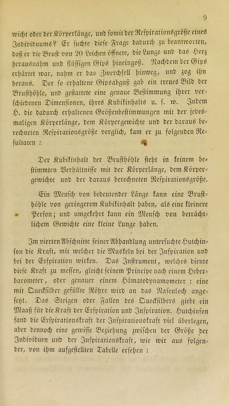 rot’dtt ober ber Körperiängc, unb fomit ber SWefptrationöardgc eine« Snbiotbuumß? (Sr fudjte biefe grage baburd; 311 beantworten, baß er bte ©rufl Pott 20 Setdjen öffnete, bteSunge unb baß -&evj hcraußnahm unb fiüffigett ©tpß fitnetngoß. Oiadjbent ber ©ipß erhärtet war, nahm er bae 3^erd)feü ^tnweg, unb 30g t^n Beraub Der fo erhaltene ©tpßabguß gab ein treueß 23iib ber ©rujJ&öBfe, unb gegattete eine genaue ©eflimmung ihrer Per* fdjtebenen Dtmenftonen, tfireß Kubiftnhaitß u. f, w. Snbem Sp. bte baburch erhaltenen ©rößenbejitmtnungen mit ber febeß* maligen Körperiättge, betn Körpergewichte unb ber barauß be* rechneten 9?efpiratioußgröße pergtich, fam er 3U fotgeuben 9ie* futtaten : H Der KübiftnhaKt ber 23rufK;öf;Ie ftept in feinem be* fttmmten ©ethäitniffe mit ber Körperlänge, betn Körper* gewichte unb ber barauß berechneten 9iefptrationßgröße. (Sin SWenfch Pon bebeittenber Sänge fatttt eine ©rufl* höhte pon geringerem Kubifinhait haben, alß eine fletnere . fPerfon; unb nmgefeprt fann ein SDienfd) pon beträgt* Iid;em ©ewiepte eine {feine Sunge haben. 3m werten Slbfcpuftte feiner SIBhanbtung unterfuchte£utd)tn* fott bte Kraft, mit weicher bte SDlußfetn bei ber 3nfptration unb bei ber (Srfptration wirfen. Daß Snjlrument, welcheß biente biefe Kraft 31t meffeit, gleicht feinem principe nach einem £>eber* Barometer, ober genauer einem |)ämatobpuamometer : eine mit Duecfftibcr gefüllte 9iöhre wirb an baß ■ftafeniod; «nge* fcgit. Daß ©teigen ober gaüen beß Ottccfftfberß gtebt ein •äflaaß für bte Kraft ber (Srfpiralt'on unb Snfpiration. JDutdjtnfon fattb bt'e (Srfpirationßfraft ber 3ttfptrattonßfraft oiei überlegen, aber benttod) eine gewtffc ©e3iehuttg 3wtfd;en ber ©röße ber Snbipibuen unb ber 3nfpirationßfraft, wie wir auß folgen* ber, pon i(;m aufgeftetiten Dabette erfehett :
