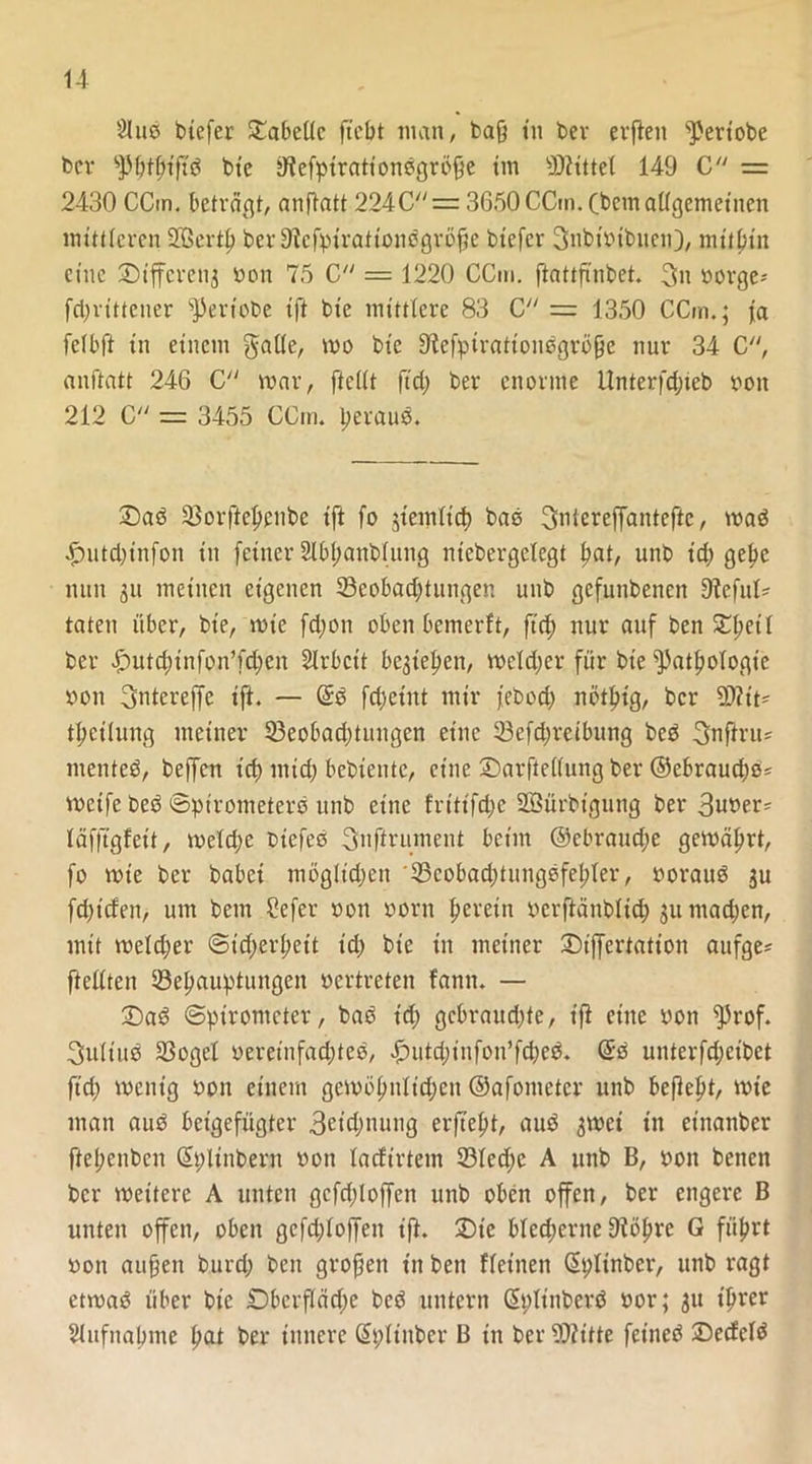 2lud tiefer Tabelle ftebt man, baß in bev elften ^eriobe ber fpijtfjtß'd bt'e iftefptrationdgröße tm Mittel 149 C == 2430 CCin. beträgt, anftatt 224C = 3650 CCm. (bem allgemeinen mittleren 2Bcrtf> ber Oicfpirationcgrö^e btefer SnbtbtbuetO, mitbin eine Otffcrenj non 75 C = 1220 CCm. fiattß'nbet. 3n borge* fdjrtttener fpert'obe ift bie mittlere 83 C = 1350 CCm.; fa felbft in einem galle, mo bie 9tefpirattondgroße nur 34 C, anftatt 246 C mar, [teilt ftd) ber enorme llnterfdjteb non 212 C = 3455 CCm. peraud. Dad SBorfteßenbe ift fo jtemlid) bas 3ntereffantefie, mad fuitdfnfon in feiner 2lbf;anbiung niebergelegt [at, unb id) gebe nun 31t meinen eigenen ^Beobachtungen unb gefunbenen Dteful* taten über, bt'e, mie fd;on oben bemerft, ftd) nur auf ben £l)etl ber f)utd)tnfonfd;cn Slrbcit begießen, meld;er für bie Pathologie bon 3ntereffe ift. — Grd feßetnt mir febod; nötßig, ber 9)?it* tbetlung meiner 33eobad;tungen eine 23efd)reibung bed 3nftru* mented, beffen t'cf) nt id) bebtente, eine ©arftellung ber @ebraud)b* meife bed «Spirometers unb eine fiittfd>e Söürbtgung ber 3uber* läfftgfet't, meldjc btefed 3tt ft rum ent beim @ebraud;e gemäf>rt, fo mte ber habet mbglidjctt ©eobadjtungdfehler, boraud ju fdjiden, um beut 2efer bon born herein berftänbltdf $u mad;en, mit meldjer Sicherheit id; bie in meiner Oiffertation aufge* [teilten ^Behauptungen vertreten fantt. — £>ad Spirometer, bad id) gcbraudjte, ift eine bon fßrof. 3ultud 23ogel bereinfad;ted, fuitd;infou’fched. Grd unterfd;eibet ftd; mentg bon einem gemöhnlidjctt ©afometer unb beflept, mt’e man aud betgefügter 3etd;nung erfreut, aud ^met in etnanber fte(;enbcn Gtplinbern bon lacftrtem 231ed;c A unb B, bott betten ber mettere A unten gefddoffen unb oben offen, ber engere B unten offen, oben gefdjloffett ift. 3)te blecherne Dtöhrc G führt bott außen burd) beit großen in ben fletnen Gipltnbcr, unb ragt etmad über bie Oberfläche bed untern Grpltnbevd bor; 31t ihrer Aufnahme tyat ber innere Gtpltnber B in ber SDtitte feined Oecfeld