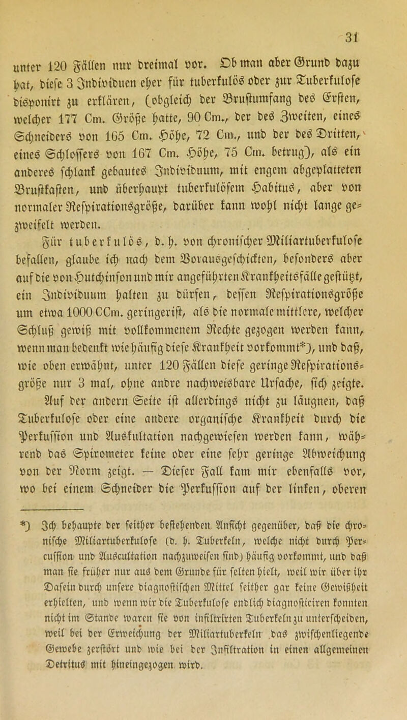 unter 120 gatten nur breimal ror. DB man aber ©runt> bagu bat, btefe 3 3nbt»ibuen eper für tuBerfulö* ober gur SEuBerfulofe bö^omrt gu erklären, (obgleich ber SBrufhimfang beb @rjlen, welcher 177 Cm. ©röfje hatte, 90 Cm., ber beb 3tt>eiten, eineb ©epuetberö non 165 Cm. £ope, 72 Cm., unb ber beb ©ritten,' eineb ©cplofferP von 167 Cm. £öpe, 75 Cm. betrug), alb ein anbereb fcbjlanf gebauteb Snbiöibuum, mit engem abgeplatteten Sruflfaflen, unb überhaupt tuBerfulöfem -f)abitub, aber twn normaler SlefpirationPgröfge, barüber fann wohl nicht lange ge= gweifelt werben. gür tuberfulob, b. p. »on cf>rontfd;er ÜMiartuPevfulofe befallen, glaube ich »aep bem SBoiauOgefcptcften, befonberb aber auf bie ooitäinitcptnfon unb mir angeführten $ranfpeitPfältegeftü$t, ein Snbioibuum halten ju bürfen, beffert StefptrationPgröfje um etwa 1000 CCm. geringerift, alb bie normale mittlere, welcher ©cpfu9 gewifj mit öoüfommenem Rechte gezogen werben fann, wenn man bebenft wie häufig btefe ^ranfpett oorfommt*), unb baff, wie obenerwähnt, unter 120gälten btefe geringe9?cfpirationb* große nur 3 mal, opne aubre nachweisbare Urfache, ftep geigte. Stuf ber aitberit ©eite ift allerbt’ngb nicht gu läugnen, baß £uberfulofe ober eine anbere organt'fcpe Spanfpett burep bie ^erfuffton unb ülubfultation naepgewiefen werben fann, wäp* renb bab ©ptrometer feine ober eine fepr geringe Slbwetcpung »on ber 97orm geigt. — ©iefer gatl fatn mir ebenfattb r>or, wo bei einem ©cpnetber bie fperfuffton auf ber littfen, oberen *) 3P behaupte ber fettper beßepenben Slnfecpt gegenüber, bafj bie cpvo= ntfepe 9)?iltartuberfulofe (b. p. ^überfein, wclcpe ntept burep ^3er= cuffton unb SlueScultation naepgttweifeit ftnbj häufig oorfommt, unb bafj ntait ffe fruper nur auö bem ©runbe für feiten hielt, weil wir über il)r ©afeittburep unferc biagnofiifcpen Mittel feitper gar feine ©ewißpeit erhielten, unb wenn wir bie ©uberfutofe enbllcp btagnoflictren fonnten nieptim ©tanbe waren fte bon infittrirten ©uberfelngu unterfcpcibcn, weil bei ber ©rweicpitng ber SKitiartuberfelu baö jwifcpenliegcnbe ©ewebe jerflort unb wie bei ber 3uftltration in einen allgemeinen ©eirituö mit pineingegogen wirb.