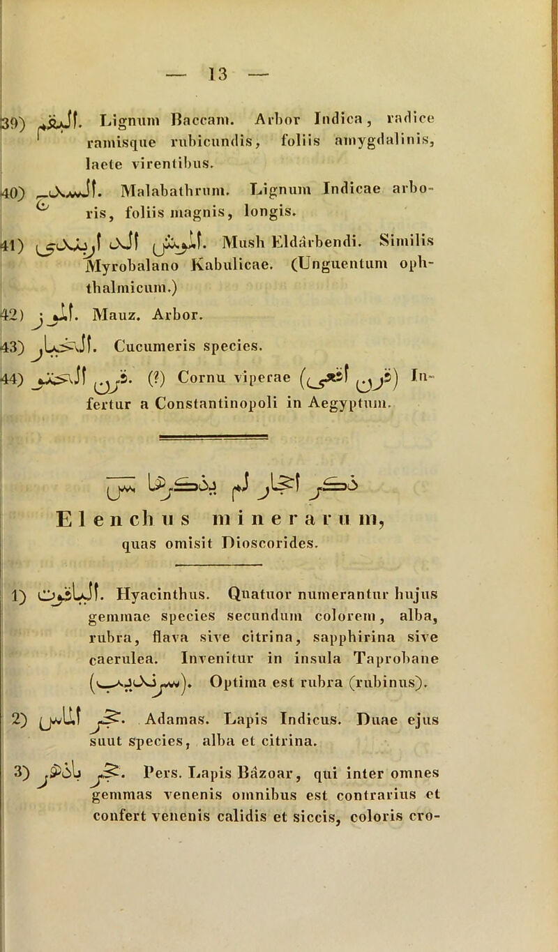 Lignum Baceam. Arbor Indica, radice • O ramisque rubicundis, loliis amygdalinis, laete virentibus. 40) Malabathri!m. Lignum Indicae arbo- ^ iis, foliis magnis, longis. 41) OJI yisyil. Mush Eldarbendi. Similis Myrobalano Kabulicae. (Unguentum oph- thalmicum.) 42) j jir. Mauz. Arbor. 43) Cucumeris species. 44) yji. (?) Cornu viperae ((>_5*sf (jj®) In- fertur a Constantinopoli in Aegyptum. 30) (J E I e n cli ii s ni i n e r a r u in, quas omisit Dioscorides. 1) 0*5 LJI. Hyacinthus. Quatuor numerantur hujus gemmae species secundum colorem, alba, rubra, flava sive citrina, sapphirina sive caerulea. Invenitur in insula Taprobane (s ajJOptima est rubra (rubinus). 2) u*\i\ Adamas. Lapis Indicus. Duae ejus suut species, alba et citrina. 3) j&th Pers. Lapis Bazoar, qui inter omnes gemmas venenis omnibus est contrarius et confert venenis calidis et siccis, coloris cro-