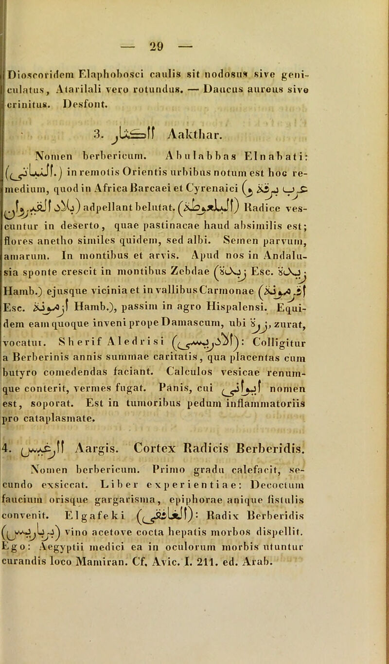 Dioscoridem Elaphobosci caulis sit nodosus sive geni- culatus, Atarilali vero rotundus. — Daucus aureus sive crinitus. Desfont. 3. j\ju==s]] Aakthar. Nomen berbericum. Abulabbas EI nabat i: in remotis Orientis urbibus notum est hoc re- medium, quod in Africa Barcaei et Cyrenaici ^>S- ^Mj)adpellantbelutat. Radice ves- cuntur in deserto, quae pastinacae haud absimilis est; flores anetho similes quidem, sed albi. Seinen parvum, amarum. In montibus et arvis. Apud nos in Andalu- sia sponte crescit in montibus Zebdae QiCKij Esc. Hamb.) ejus que vicinia et in vallibusCarmonae Esc. Hamb.), passim in agro Hispalensi. Equi- dem eam quoque inveni prope Damascum, ubi 'i.j, zurat, vocatui. Sberif Aledrisi : Colligitur a Berberinis annis summae caritatis, qua placentas cum butyro comedendas faciant. Calculos vesicae renum- que conterit, vermes fugat. Panis, cui nomen est, soporat. Est in tumoribus pedum inflammatoriis pro cataplasmate. 4. Aargis. Cortex Radicis Berberidis. Nomen berbericum. Primo gradu calefacit, se- cundo exsiccat. Liber experientiae: Decoctum faucium orisque gargarisma, epiphorae anique fistulis convenit. Elgafeki Radix Berberidis (u^krO vino acetove cocta hepatis morbos dispellit. Ego: Aegyptii medici ea in oculorum morbis utuntur curandis loco Mamiran. Cf, Avie. I. 211. ed. Arab.