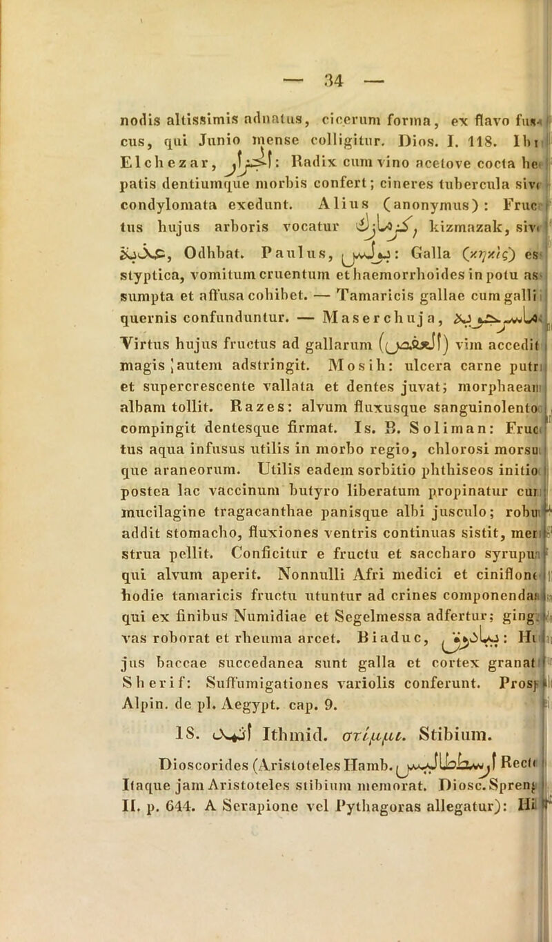 nodis sitissimis adustus, cicerum forma, ex flavo fus- cus, qui Junio mense colligitur. Dios. I. 118. Ibi Elchezar, Radix cum vino acelove cocta he< patis dentiumque morbis confert; cineres tubercula sivi condylomata exedunt. Alius (anonyinus): Frucrl tus hujus arboris vocatur kizmazak, sivi Odhbat. Paulus, : Galla (y.rjy.}q) es styptica, vomitum cruentum et haemorrhoides in potu as sumpta et affusa cohibet. — Tamaricis gallae cum galli quernis confunduntur. — Maserchuja, . Virtus hujus fructus ad gallarum ((jAfcjeJf) vim accedit i magis Iautem adstringit. Mos ili: ulcera carne putri et supercrescente vallata et dentes juvat; morphaeam albam tollit. Razes: alvum fluxusque sanguinolento i compingit dentesque firmat. Is. R. Soliman: Fruc tus aqua infusus utilis in morbo regio, cblorosi morsu que araneorum. Utilis eadem sorbitio phtbiseos initio i postea lac vaccinum butyro liberatum propinatur cui mucilagine tragacanthae panisque albi jusculo; robiiir1 addit stomacho, fluxiones ventris continuas sistit, iner strua pellit. Conficitur e fructu et saccharo syrupun]1 qui alvum aperit. Nonnulli Afri medici et ciniflontj i; hodie tamaricis fructu utuntur ad crines componenda.1 qui ex finibus Numidiae et Segelmessa adfertur; ging:lj0 vas roborat et rheuma arcet. Biaduc, : Hijn jus baccae succedanea sunt galla et cortex granat i1 Sherif: Suffumigationes variolis conferunt. Prosj-fi Alpin. de pl. Aegypt. cap. 9. IS. l\+jI Ithmid. ar/ju/ui. Stibium. Dioscorides (Aristoteles Hamb.jjjw-^lWxwjf Recti Itaque jam Aristoteles stibium memorat. Diosc. Spreiq