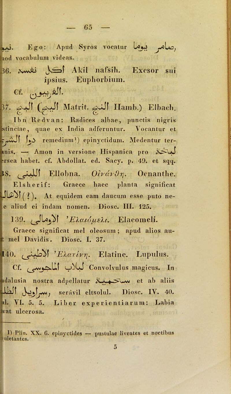 Ego: Apud Syros vocatur iiod vocabulum videas. 86. Akil nafsih. Exesor sui ipsius. Euphorbium. Cf. s.sJf. 87. OJ| Matrit. Ilamb.) Elbacli. G C w Ibn Redvan: Radices albae, punctis nigris stinctae, quae ex India adferuntur. Vocantur et y*wJf remedium1) epinyctidum. Medentur ter- nis. —• Amon in versione Hispanica pro ;rsea habet, cf. Abdollat. ed. Sacy. p. 49. et sqq. Ellobna. Oivav-S-rj. Oenanthe. Elsherif: Graece haec planta significat (JU&ff?). At equidem eam daucum esse puto nc- e aliud ei indam nomen. Diosc. III. 125. 139. ’ Elcuojuslr. Elaeomeli. Graece significat mei oleosum; apud alios au- t mei Davidis. Diosc. I. 37. jjl40. ’Elarivri. Elatine. Lupulus. Cf. Convolvulus magicus. In dalusia nostra adpellatur et ab aliis seravil eltsolul. Diosc. IV. 40. ul. VI. 5. 5. Liber experientiarum: Labia frat ulcerosa. I) Plin. XX. G. epinyctides uietantes. pustulae liventes et noctibus