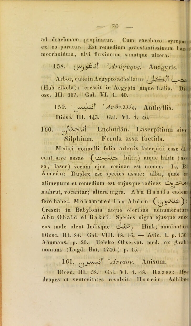 ad drachmam propinatur. Cum saccliaro Ryrupu ex eo paratur. Est remedium praestantissimum hae morrhoidum, alvi fluxionum sanatque ulcera.': 158. ’ Jvdyvyos. Anagyris Arbor, quae in Aegypto adpellatur -^1^—> ff (Hab elkola); crescit in Aegypto atque Italia, osc. III. 157. Gal. YI. 1. 40. Di 159. ' JvSv7.lt s. Anthyllis. Diosc. III. 143. Gal. VI. 1. 46. 1G0. Enclmdan. Lasorpifium sivt Silphium. Ferula assa foetida. Medici nonnulli folia arboris laserpitii esse di eunt sive assae liillit) atque hiltit (as- sa, laser) verum ejus resinae est nomen. Is. H Ainran: Duplex est species assae: alba, quae e alimentum et remedium est cujusque radices mahrut, vocantur; altera nigra. Abu Ilanifa eadeir fere habet. Mohammed Ibn Abdun : Crescit in Babylonia atque oleribus adnumeratur Abu Obaid el Baler i: Species nigra ejusque suc- cus male olent Indisque llink, nominatur Diosc, III. 84. Gal. VIII. 18. 16. — Avie. I. p. 130. Abumans. p. 20. Reiske Observat, med. cx Arab. monum. (Lugd. Bat. 1746.) p. 15. 161. ’'Avtoov. Anisum. Diosc. III. 58. Gal. VI. 1. 4S. Razes: Ily-- dropes et ventositates resolvit. Honein: Adhibe-