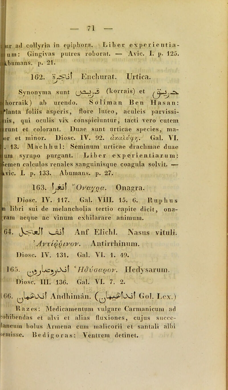 lur ad collyria in epiphora. Liber experientia- uin: Gingivas putres roborat. — Avie. 1. p. 125. Lbumans. p. 21. 1G2. Eueluirat. Urtica. Synonyma sunt (ju2_„K..S (korrais) et horraik) ab urendo. S o 1 i in a n Ben II a s a n: •lanta foliis asperis, flore luteo, aculeis parvissi- ttis, qui oculis vix conspiciuntur, tacti Aero cutem runt et colorant. Duae sunt urticae species, ma- or et minor. Diosc. IV. 92. uxcckifipq. Gal. VI. . 13. Machliul: Seminum urticae drachmae duae um syrupo purgant. Liber experientiarum: icmen calculos renales sanguinisque coagula solvit. — ivic. I. p. 133. Abumans. p. 27. 163. \js6\ V0v aygef. Onagra. Diosc. IV. 117. Gal. VIII. 15. 6. Iluphus n libri sui de melancholia tertio capite dicit, ona- ram aeque ac vinum exhilarare animum. 64. v—<2.it Anf Elichl. Nasus vituli. ’ Avri^ivov. Antirrhimmi. Diosc. IV. 131. Gal. VI. 1. 49. 165. cHdvoayov. Heclysaruin. Diosc. III. 136. Gal. VI. 7. 2. 06. Anclhiman. Gol. Lex.) ltazes: Medicamentum vulgare Carmanicum ad cohibendas et alvi et alias fluxiones, cujus succc- ilaneum bolus Armena cum malicorii et santali albi «emisse. Bedigoras: Ventrem detinet.