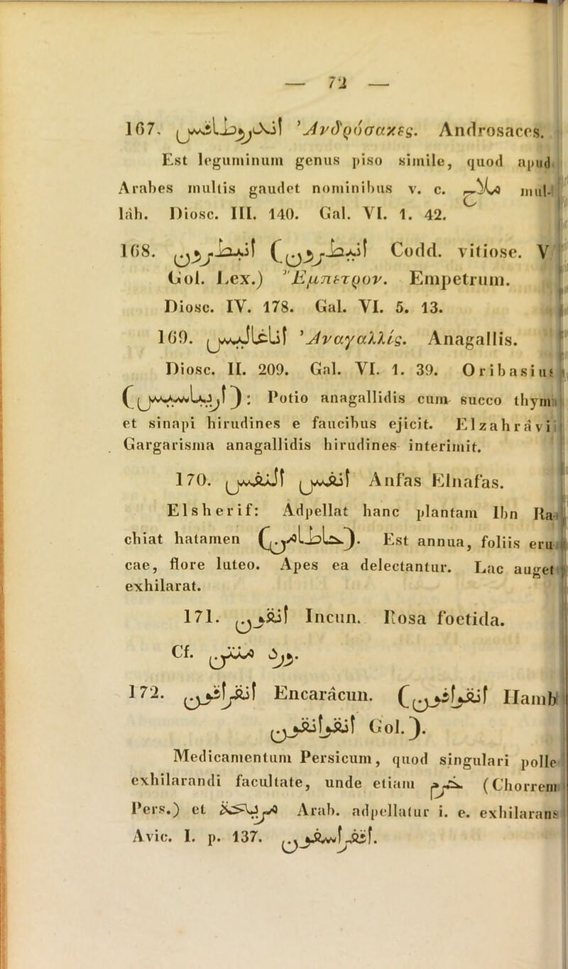 107, — 71 — 'Jr^Qucraxes. Androsaces. Est leguminum genus piso simile, quod apud Arabes inultis gaudet nominibus v. c. r-X/0 nuil- lah. Diosc. III. 140. Gal. VI. 1. 42. 108. Codd. vitiose. V (jiol. Lex.) E/llti&tqov. Empetrum. Diosc. IV. 178. Gal. VI. 5. 13. 100. ’JvayaXXlg. Anagallis. Diosc. II. 209. Gal. VI. 1. 39. Oribasiui ^ ; Potio anagallidis cum succo thymi et sinapi hirudines e faucibus ejicit. Elzahravii Gargarisma anagallidis hirudines interimit. 170. Elsherif: Ad pellat chiat hatamen CylbL.). cae, flore luteo. Apes ea exhilarat. 171. Incun. Cf. | Anfas Elnafas. hanc plantam Ibn Ra Est annua, foliis eru delectantur. Lac aui^et Rosa foetida. 172. Encaracun. Ilamb Gol.). Medicamentum Persicum, quod singulari polle exhilarandi facultate, unde etiam (Chorreni Pers.) et Arab. adpellatur i. e. exhilarans