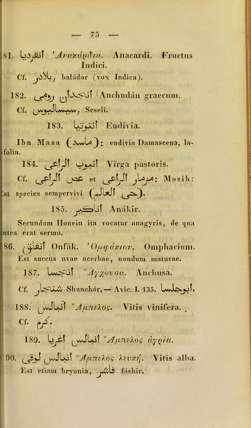 81. Ij^Jiit 'Avav.aqdia. Anacardi. Fructus Indici. Cf. J; balador (vox Indica). 182. ‘Ancliudan graecum. Cf. j Seseli. 183. Lujjot Endivia. Ibn IMasa Xvw U) ; endivia Damascena, la- folia. 1S4. <-J5jk.it Virga pastoris. Cf. ijoP et (^t^Jt ,Loj^: Mos ili: st species sempervivi 185. Anakir. Secundum Ilonein ita vocatur anagyris, de cpia ntea erat sermo. y, . . „ . . - l S6. ^.Uit Onfak. ’ OfKfdy.ior. Ompliacium. Est succus uvae acerbae, nondum maturae. 187. Lv^fut ‘jiyyovcsa. Aiicliusa. Cf. Shunchar,— Avie. I. 135. IwJc^jt. 18S. vA/jJnsXos. Vitis vinifera. . Cf. !»/• 189. ^wvJLjf A/unslos dyQta. 90. (jjlul ”JfjmsXos Isvxtf. Vitis alba. Est etiam bryonia, j£\lt fashir,'