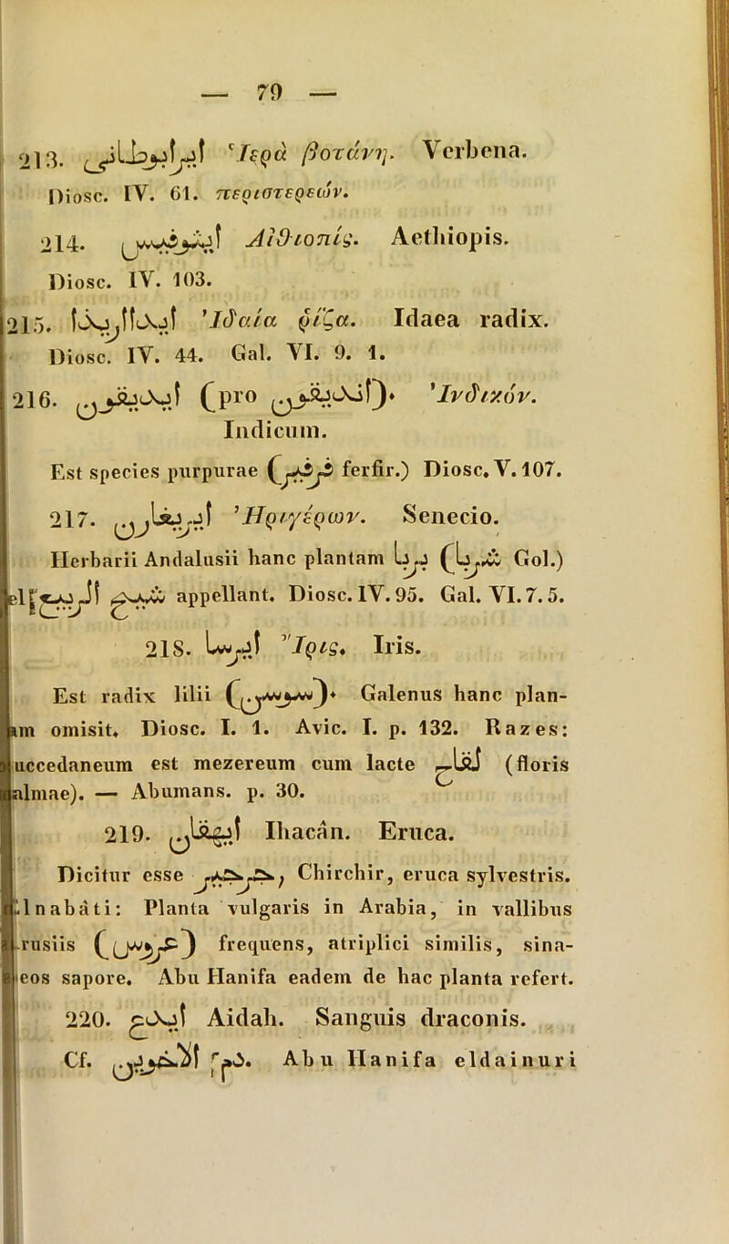 213. ^Li^Lit \Tsq(x poxavi]. Vcrbena. Diosc. IV. 61. TZEQlOTSQeiOV. 214- AUhonig. Aethiopis. Diosc. IV. 103. 215. IOo^UjI 'Jda ia ()i'Qa. Idaea radix. Diosc. IV. 44. Gal. VI. 9. 1. 216. (pro 'Ivdr/.or. Indicum. Est species purpurae ferfir.) Diosc. V. 107. 217. ’HgtysQwv. Senecio. Herbarii Andalusii hanc plantam Lpj (Lj.** Gol.) appellant. Diosc. IV. 95. Gal. VI. 7.5. 218. L*-»! iQtS* Iris. Est radix: lilii Q^yvY^v»T)* Galenus hanc plan- m omisit. Diosc. I. 1. Avie. I. p. 132. Razes: uccedaneum est mezereum cum lacte r*-lsJ (floris almae). — Abumans. p. 30. 219. Iliacan. Eruca. Dicitur esse Chirchir, eruca sylvestris. ulnabati: Planta vulgaris in Arabia, in vallibus rusiis frequens, atriplici similis, sina- eos sapore. Abu Hanifa eadem de hac planta refert. 220. ^oOif Aidali. Sanguis draconis. Cf. Abu llanifa e 1 d a i n u r i