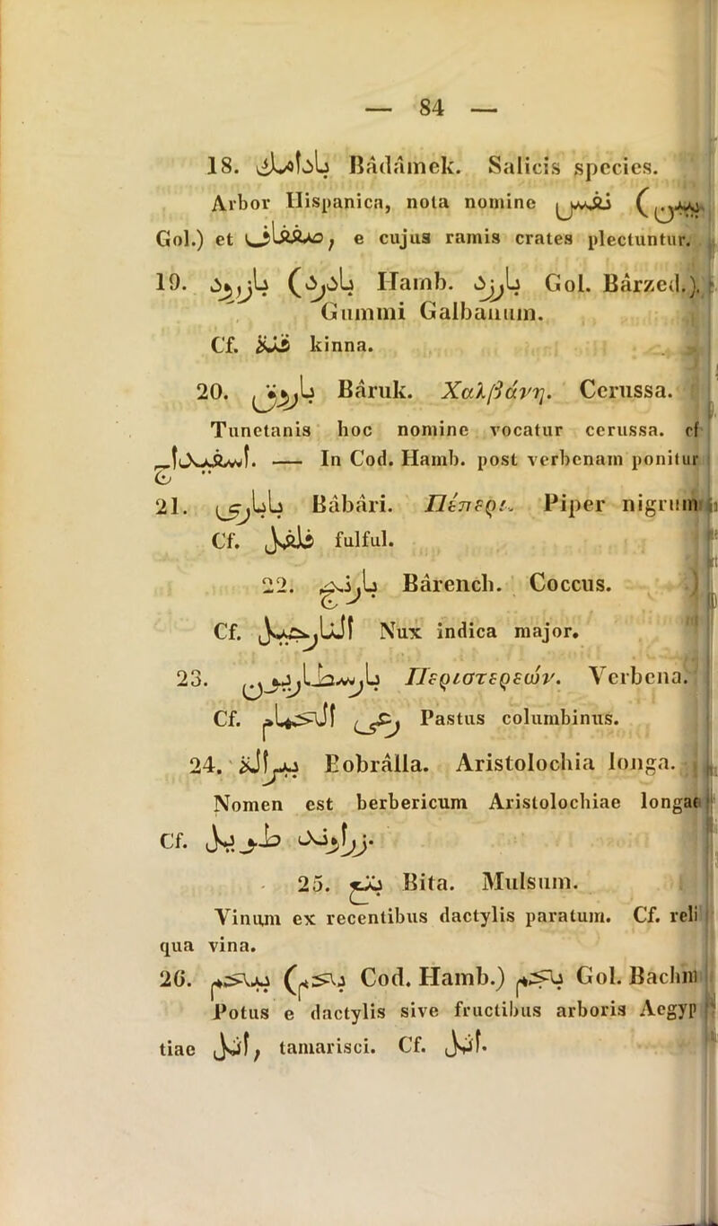 18. \iLotab Badamek. Salicis species. Arbor Hispanica, nola nomine Gol.) et oUaao, e cujus ramis crates plectuntur. 19. Hamb. Gol. Barzed.). k Giunmi Galbanum. 21. Cf. &JLii kinna. 20. Baruk. XalfidvT]. Cerussa. Tunetanis hoc nomine vocatur cerussa, cf — In Cod. Hamb. post verbcnain ponitur ^Lls Baburi. FUtisq:, Piper nigrum «i Cf. Js&ls fuifui. <t>  oc) Barench. Coccus. (E- 23 Cf. Jy^UJf Nux indica major. IJa-wjlj IlsQiOTtQSujv. Vcrbena. Cf. Pastus columbinus. 24. Eobralla. Aristolochia longa. || Nomen est berbericum Aristolocbiae longat Cf. _ylo y 25. Bita. Mulsum. Vinum ex recentibus dactylis paratum. Cf. reli qua vina. 20. Cod. Hamb.) Coi. Bachfn Potus e dactylis sive fructibus arboris Aegyp p tiae Jdt, tamarisci. Cf.