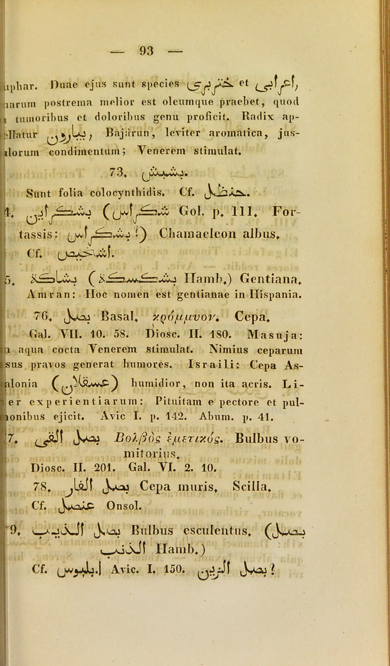 uphar. Duae ejus sunt species ^ot narum postrema melior est oleumque praebet, quod ii tumoribus et doloribus genu proficit. Radix ap- jjjITatur ; Bajnrun, leviter aromatica, jus- ilorum condimentum; Venerem stimulat. ry Q *’* , **. . i o. / Sunt folia colocynthidis. Cf. Gol. p, 111. For- tassis : Chamaeleon albus. Cf. (JiOjOA^v). 5. isi=sL£o ( K^3jw.^=2«w«j Hamb.) Gentiana. Amvan: Hoc nomen est gentianae in Hispania. 76. Basal. y.qopfivor* Cepa, flal. VII. 10. 58. Diosc. II. ISO. Masuja: n aqua cocta Venerem stimulat. Nimius ceparum sus pravos generat humores. Israili: Cepa As- plonia lmnidior, non ita acris. Li- er experientiarum: Pituitam e pectore et pul- aonibus ejicit. Avie I. p. 142. Abum. p. 41. 7. BoXfids stusriXos. Bulbus vo- mitorius. Diosc. II. 201. Gal. VI. 2. 10. 78. jUJf Cepa muris. Scilla. Cf. Onsol. 9. Bulbus esculentus. i aJoJI Hamb.) • ' Cf. Avie. I. 150. ^|iJf ?