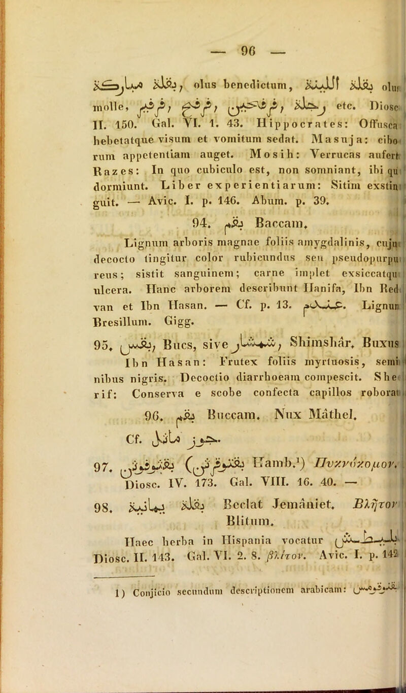 olus benedictum, iU-JJf olui molle, jj; f j etc. Diosc II. 150. Gal. VI. 1. 43. Hippocrates: Offusca hebetatque visum et vomitum sedat. Masuja: cibo rum appetentiam auget. Mosih: Verrucas aufert Razes: In quo cubiculo est, non somniant, ibi qu dormiunt. Liber experientiarum: Sitim exstin guit. — Avie. I. p. 14G. Abum. p. 39. 94. Baccam. Lignum arboris magnae foliis amygdalinis, cujq decocto tingitur color rubicundus seu pseudopurpu reus; sistit sanguinem; carne implet exsiccatqu ulcera. Hanc arborem describunt IJanifa, lbn Red van et lbn Hasan. — Cf. p. 13. Lignun Bresillum. Gigg. 95. (uJb, Bucs, siveShimshar. Buxus lbn Hasan: Frutex foliis myrluosis, semi‘I nibus nigris. Decoctio diarrhoeam compescit. She rif: Conserva e scobe confecta capillos roborai 9G. Buccam. Nux Mathd. cf. JoU jy*- ITamb.1) IIvxvt>xofioif, Diosc. IV. 173. Gal. VIII. 1G. 40. — Bcclat Jemaniet. Blrjrov Blitum. Haec herba in Hispania vocatur Diosc. II. 143. Gal. VI. 2. S. pl/ror. Avie. I. p. 145 97. 98. 1) Conjicio secundum descriptionem arabicam: