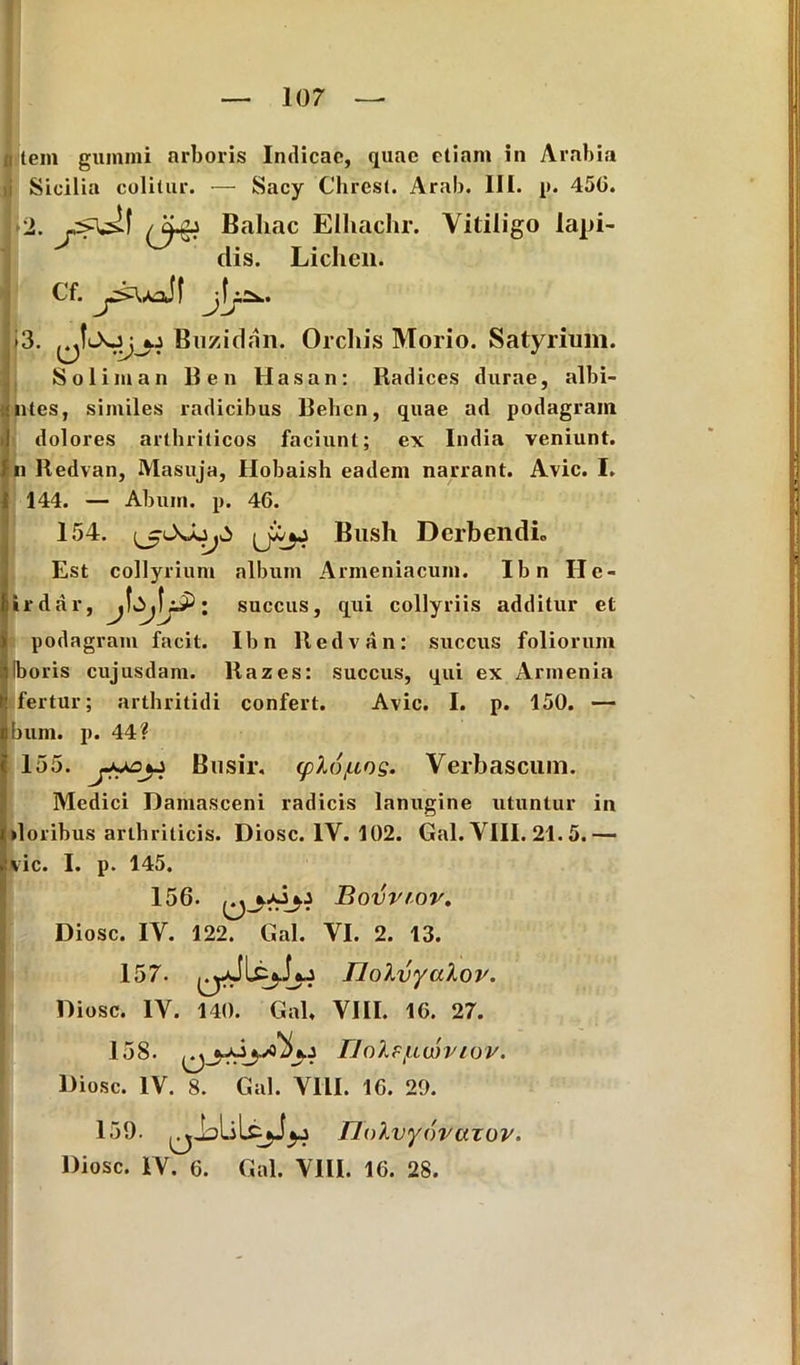 d iem gumini arboris Indicae, quae etiam in Arabia Sicilia colitur. — Sacy Chrest. Arab. III. p. 450. 2. Bahac Elliachr. Vitiligo lapi- dis. Lichen. Cf. >3. Buzidan. Orcliis Morio. Satyrium. Soliman Ben Hasan: Radices durae, albi- ntes, similes radicibus Behcn, quae ad podagram dolores arthriticos faciunt; ex India veniunt, n Redvan, Masuja, Hobaish eadem narrant. Avie. I. 144. — Abum. p. 46. 154. Est collyrium irdar, : album succus Bush Derbendh Armeniacum. Ibn Ile- , qui collyriis additur et podagram facit. Ibn Redvan: succus foliorum Iboris cujusdam. Razes: succus, qui ex Armenia fertur; arthritidi confert. Avie. I. p. 150. — bum. p. 44? 155. Busir. (phyuos. Verbascum. Medici Damasceni radicis lanugine utuntur in doribus arthriticis. Diosc. IV. 102. Gal. VIII. 21. 5.— vic. I. p. 145. 156. Diosc. IV. 122. Gal. 137. Diosc. IV. 140. Gal. Bovv/or. VI. 2. 13. riolvyalov. VIII. 10. 27. 158. Diosc. IV. 8. juo LIoXf/uujviov. Gal. VIII. 16. 29. 159. yh Diosc. IV. 6. TloXvyovazov. Gal. VIII. 16. 28.