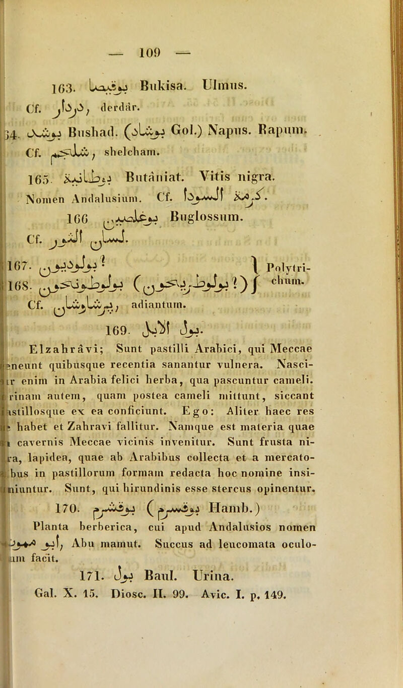 163. Uoxto Bukisa. Ulmus. Cf. j derdar. 4 Bnshad. Gol.) Napus. Rapum. Cf. p*SlL&, shelcham. 165 iUiLLnj Butaniat. Vitis nigra. Nomen Andalusium. Cf. ICC Cf. 1c*j Biiglossum. 167. ' \ Polytri- 16S. (yj&tybjSjt % ) J chu,n’ Cf. adiantum. 169. Jo^t jjJ. Elzahravi; Sunt pastilli Arabici, qui Meccae ?neunt quibusque recentia sanantur vulnera. Nasci- lt enim in Arabia felici herba, qua pascuntur cameli, rinam autem, quam postea cameli mittunt, siccant astillosque ex ea conficiunt. Ego: Aliter haec res b habet et Zahravi fallitur. Namque est materia quae i cavernis Meccae vicinis invenitur. Sunt frusta ni- ra, lapidea, quae ab Arabibus collecta et a mercato- bus in pastillorum formam redacta hoc nomine insi- niuntur. Sunt, qui hirundinis esse stercus opinentur. 170. Hamb.) Planta berberica, cui apud Andalusios nomen jjf; Abu mainut. Succus ad leucomata oculo- um facit. 171. Baul. Urina. Gal. X. 15. Diosc. II. 99. Avie. I. p. 149.