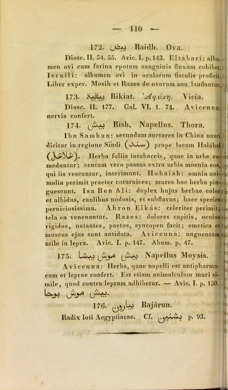 172. (J-2AJ Baidh. Ova. Diosc. II. 54. 55. Avie. I. p. 143. EI ta bari: nlhu. men ovi cum farina epotum sanguinis fluxum cohibet. Is r a ili: albumen ovi in oculorum fistulis proficit. Liber exper. Mosili et llazes de ovorum usu laudantur, 173. Bikiat. ’si(pdy.i]. Vicia. Diosc. II. 177. Gal. VI. 1. 74. Avicenna: nervis confert. I i 174. Bish. Napcllus. Tltora. Ibn Samhun: secundum auctores in Cliina nasci dicitur in regione Sindi prope locum Ilalahel Herba fol iis intubaceis, quae in urbe co- i meduntur; centum vero passus extra urbis moenia eog, . qui iis vescuntur, interimunt. Ho.baish: omnia ani- malia perimit praeter coturnices; mures hac herba pin- guescunt. Isa Ben Ali: duplex hujus herbae color et albidus, caulibus nodosis, et subflavus; haec species perniciosissima. Ahron Elkas: celeriter perimit; tela ea venenantur. llazes: dolores capitis, oculos rigidos, natantes, paetos, syncopen facit; emetica et |L, muscus ejus sunt antidota. Avicenna: unguentum p utile in lepra. Avie. I. p. 147. Abum. p. 47. 175. tw*u (jiuo Napellus Moysis. Avicenna: Herba, quae napclli est antiphnrma- cum et leprae confert. Est etiam animalculum inuri si- mile, quod contra lepram adhibetur. — Avie. I. p. 150. U^* ir 176. Bajarun. [» Radix loti Aegyptiacae. Cf. p. 93.