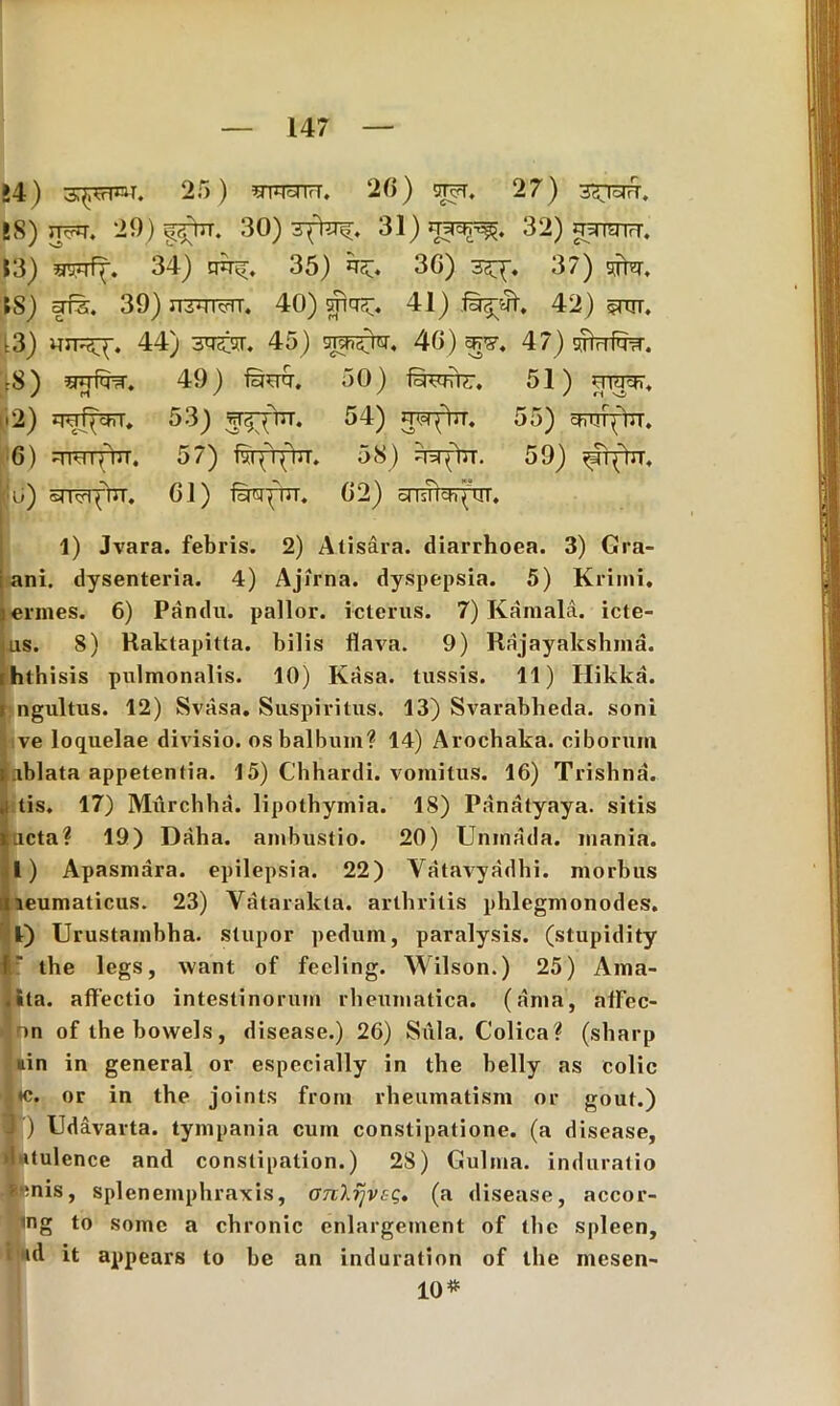 »4) 25) STRcTITT. 26) 27) 3TTcH. ES) xpr. 29) ^Ttt. 30) 31) qw^. 32) m^iuih', 13) 53^-. 34) qirq;. 35) 3G) 3^. 37) gjta, IS) ffe. 39) >i3irrerr« 40) snq^. 41) far^. 42) pnr. t3) wrj. 44) 3q^5r. 45) ujsr<ta. 46) eg<5\ 47) sqtnfqw. r8) «qniTf. 49) fasrq. 50) QwiV. 51) qw3n, •2) qyf(cKT, 53) 54) mq(Vr. 55) thuF()jr. 6) TFnfrH. 57) IsrfrflTT. 58) 59) ^frfhT, ju) ®u<ji^ Ui. 61) f&qfftT. 02) ctisiich^ut. 1) Jvara. febris. 2) Atisara. diarrhoea. 3) Gra- i ani. dysenteria. 4) Ajirna. dyspepsia. 5) Krimi, termes. 6) Pandu. pallor, icterus. 7) Kamala. icte- ms. 8) Raktapitta. bilis flava. 9) Rajayakshma. [hthisis pulmonalis. 10) Kasa. tussis. 11) Hikka. i ngultus. 12) Svasa. Suspiritus. 13) Svarabheda. soni ve loquelae divisio, os balbum? 14) Arochaka. ciborum l.iblata appetentia. 15) Cbhardi. vomitus. 16) Trishna. .i tis. 17) Murchha. lipothymia. 18) Panatyaya. sitis |ucta? 19) Daha. ambustio. 20) Uninada. mania. 1) Apasmara. epilepsia. 22) Vatavyadhi. morbus meumaticus. 23) Vatarakta. arthritis phlegmonodes. I) Urustambha. stupor pedum, paralysis, (stupidity f' the legs, want of fecling. Wilson.) 25) Ama- .ita. affectio intestinorum rheumatica, (ama, affec- nn of thebowels, disease.) 26) Stila. Colica? (sharp ain in general or especially in the belly as colic lic. or in the joints from rheumatism or gout.) | ) Udavarta. tympania cum constipatione, (a disease, >1 itulence and constipation.) 28) Gulma. induratio lnis, splenemphraxis, onXrjvsg. (a disease, accor- 'ng to some a chronie enlargement of the spleen, * ^ appears lo be an induration of the mesen- 10*