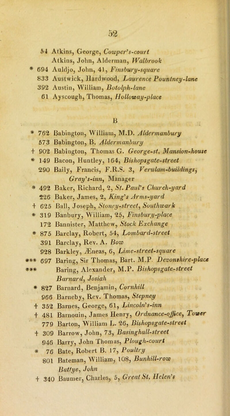 54 Atkins, George, Covoper's-court Atkins, John, Alderman, Walbrook * 694 Auldjo, John, 41, Finsbury-square 833 Austvvick, Hardwood, Laurence Pountney-lane 392 Austin, William, Botolph-lune 61 Ayscough, Thomas, Holloiouy-pluce B * 762 Babington, William, M.D. Aldermanbury 573 Babington, B. Aldermanbury + 902 Babington, Thomas G. George-st. Mansion-house * 149 Bacon, Huntley, 164, Bishopsgate-street 290 Baily, Francis, F.R.S. 3, Verulam-buildings, Gray's-inn, Manager * 492 Baker, Richard, 2, St. Paul's Church-yard 226 Baker, James, 2, King's Arms-yurd + 625 Ball, Joseph, Stoney-street, Southwark * 319 Banbury, William, 25, Finsbury-place 172 Bannister, Matthew, Stock Exchange * 875 Barclay, Robert, 54, Lombard-street 391 Barclay, Rev. A. Bow 928 Barkley, iEneas, 6, Lime-street-square *** 697 Baring, Sir Thomas, Bart. M.P. Devonshire-place *** Baring, Alexander, M.P. Bishopsgate-street Barnard, Josiah * 827 Barnard, Benjamin, Cornhill 966 Barneby, Rev. Thomas, Stepney + 352 Barnes, George, 61, Lincoln's-inn t 481 Barnouin, James Henry, Ordnance-office, Tower 779 Barton, William L. 26, Bishopsgate-street + 309 Barrow, John, 73, Businghull-street 946 Barry, John Thomas, Plough-court * 76 Bate, Robert B. 17, Poultry 801 Bateman, William, 108, Bunhill-row Butt ye, John + 340 Baumcr, Charles, 5, Great St. Helen's