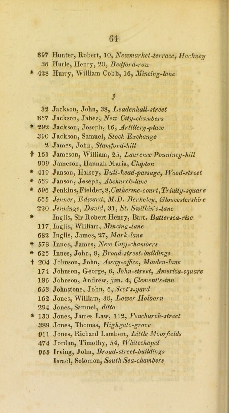 897 Hunter, Robert, 10, Nczcmarkcl-terracej Hackney 36 Ilurle, Henry, 20, Bedford-row * 428 Hurry, William Cobb, 16, Mincing-lane J 32 Jackson, John, 38, Leadenhall-street 867 Jackson, Jabez, New City-chambers * 292 Jackson, Joseph, 16, Artillery -place 390 Jackson, Samuel, Stock Exchange 2 James, John, Stamford-hill t 161 Jameson, William, 25, Laurence Pountney-hill 909 Jameson, Hannah Maria, Clapton * 419 Janson, Halsey, Bull-head-passage, Wood-street * 569 Janson, Joseph, Abchurch-lane * 596 Jenkins, Fielder, 8,Cathej'ine-court,Trinity-square 565 Jenner, Edward, M.D. Berkeley, Gloucestershire 220 Jennings, David, 31, S'f. Switliin's-lane * Inglis, Sir Robert Henry, Bait. Batter tea-rise 117, Inglis, William, Mincing-lane 682 Inglis, James, 27, Marlc-lane * 578 Innes, James, New City-chambers * 626 Innes, John, 9, Broad-strcet-buildings + 204 Johnson, John, Assay-office, Maiden-lane 174 Johnson, George, 6, John-street, America-square 185 Johnson, Andrew, jun. 4, Clement’’s-inn 653 Johnstone, John, 6, Scot's-yard 162 Jones, William, 30, Lower llolborn 294 Jones, Samuel, ditto *130 Jones, James Law, 112, Fenchurch-street 389 Jones, Thomas, Iiighgale-grove 911 Jones, Richard Lambert, Little Moorfields 474 Jordan, Timothy, 54, Whitechapel 955 Irving, John, Broad-street-buildings Israel, Solomon, South Sea-chambers