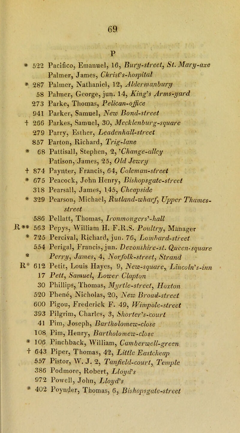 P * 522 Pacifico, Emanuel, 16, Bury-street, St. Mary-axe Palmer, James, Christ's-hospital * 287 Palmer, Nathaniel, 12, Aldermanbury 58 Palmer, George, jun. 14, King’s Arms-yard 273 Parke, Thomas, Pelican-office 941 Parker, Samuel, New Bond-street + 266 Parkes, Samuel, 30, Mecklenburg-square 279 Parry, Esther, Leadenhall-street 857 Parton, Richard, Trig-lane * 68 Pattisall, Stephen, 2, ’Change-alley Patison, James, 25, Old Jewry + 874 Payuter, Francis, 64, Colem,un-street * 675 Peacock, John Henry, Bishopsgate-street 318 Pearsall, James, 145, Cheapside * 329 Pearson, Michael, Rutland-wharf \ Upper Thames- street 586 Pellatt, Thomas, Ironmongers'-hall R** 563 Pepys, William H. F.R.S. Poultry, Manager * 725 Percival, Richard, jun. 76, Lombard-street 554 Perigal, Francis, jun. Devonshire-st. Queen-square * Perry, James, 4, Norfolk-street, Strand R* 612 Petit, Louis Hayes, 9, Nezo-squarer Lincoln's-inn 17 Pett, Samuel, Lower Clapton 30 Phillips, Thomas, Myrtle-street., Hoxton 520 Phene, Nicholas, 20, New Broad-street 600 Pigou, Frederick F. 49, Wimpole-street 393 Pilgrim, Charles, 3, Shorter's-court 41 Pirn, Joseph, Bartholomew-close 108 Pirn, Henry, Bartholomew-close * 106 Pinchback, William, Camberwell-green + 643 Piper, Thomas, 42, Little Eastcheap 557 Pistor, W. J. 2, Tunjield-court, Temple 386 Podmore, Robert, Lloyd's 972 Powell, John, JJoyd's * 402 Poyntler, Thomas, 6, Bishopsgate-street