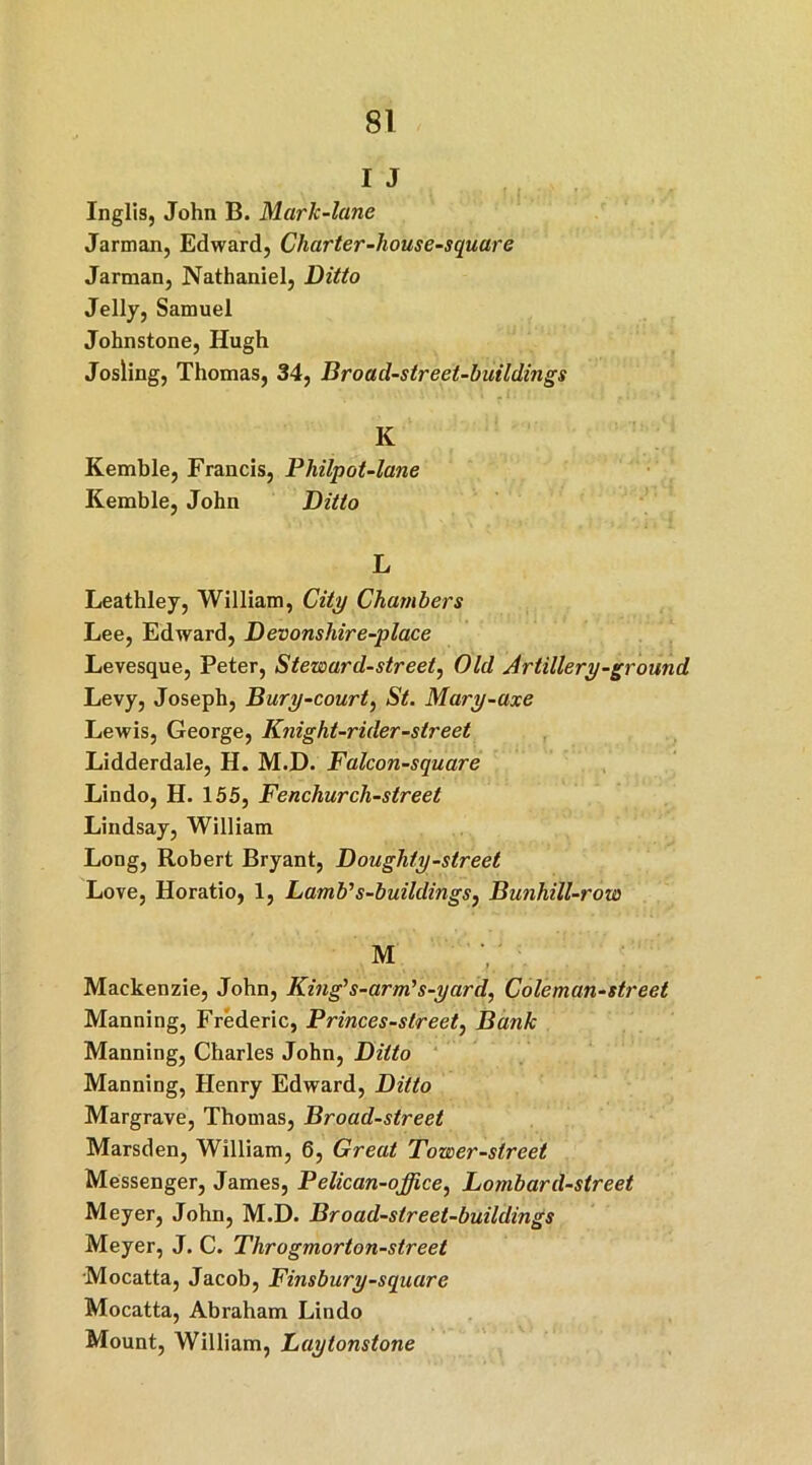 I J Inglis, John B. Mark-lane Jarman, Edward, Charter-house-square Jarman, Nathaniel, Ditto Jelly, Samuel Johnstone, Hugh Josling, Thomas, 34, Broad-street-buildings K Kemble, Francis, Philpot-lane Kemble, John Ditto L Leathley, William, City Chambers Lee, Edward, Devonshire-place Levesque, Peter, Steward-street, Old Artillery-ground Levy, Joseph, Bury-court, St. Mary-axe Lewis, George, Knight-rider-street Lidderdale, H. M.D. Falcon-square Lindo, H. 155, Fencliurcli-street Lindsay, William Long, Robert Bryant, Doughty-street Love, Horatio, 1, Lamb’’s-buildings, Bunhill-row M Mackenzie, John, King’s-arm’s-yard, Coleman-street Manning, Frederic, Princes-street, Bank Manning, Charles John, Ditto Manning, Henry Edward, Ditto Margrave, Thomas, Broad-street Marsden, William, 6, Great Tower-street Messenger, James, Pelican-office, Lombard-street Meyer, John, M.D. Broad-street-buildings Meyer, J. C. Throgmorton-street Mocatta, Jacob, Finsbury-square Mocatta, Abraham Lindo Mount, William, Laytonstone