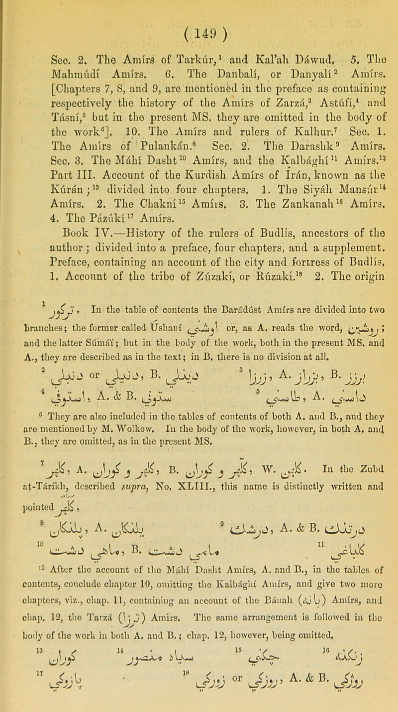 Sec. 2. The Amirs of Tarkur,1 and Kal’ali D/nvud. 5. The Mahmud! Amirs. G. The Danbali, or Danyali2 Amirs. [Chapters 7, S, and 9, are mentioned in the preface as containing respectively the history of the Amirs of Zarza,3 Astufi,4 and Tasnl,5 but in the present MS. they are omitted in the body of the work6]. 10. The Amirs and rulers of Kalhur.7 Sec. 1. The Amirs of Pulankan.8 Sec. 2. The Darashk9 Amirs. Sec. 3. The Main Dasht10 Amirs, and the Kalbkghl11 Amirs.13 Part III. Account of the Kurdish Amirs of Ir&n, known as the Kuran;13 divided into four chapters. 1. The Siyah Mansur14 Amirs. 2. The Chaknx15 Amirs. 3. The Zankanah16 Amirs. 4. The Paziikl17 Amirs. Book IV.—History of the rulers of Budlls, ancestors of the author ; divided into a preface, four chapters, and a supplement. Preface, containing an account of the city and fortress of Budlls. 1. Account of the tribe of Zuzaki, or Ruzaki.18 2. The origin jfj * In the table of contents the Baradust Amirs are divided into two branches; the former called Usliain or, as A, reads the word, i > and the latter Sumaf; but in the body of the work, both in the present MS. and A. , they are described as in the text; in B. there is no division at all. 2 or B> L1jjj’ A> jUn'5 Bl jjjl tt15 A. & B. i t 5 A * t 1 a 6 They are also included in the tables of contents of both A. and B., and they are mentioned by M. Wolkow. In the body of the work, however, in both A. and B. , they are omitted, as in the present MS.  jtb, A. j B. ■J'jS j 5 W. . In the Zubd at-Tdrikli, described supra, No. XLIII., this name is distinctly written and pointed ^. A. A. & B. B. 12 After the account of the Mali! Dasht Amirs, A. and B., in the tables of contents, conclude chapter 10, omitting the Kalb<lghi Amirs, and give two more chapters, viz., chap. 11, containing an account of the Banah (dju) Amirs, and chap. 12, the Tarzd ) Amirs. The same arrangement is followed in the body of the work in both A. and B.; chap. 12, however, being omitted. A. 10 )y 15 imS'' 10 lv dA.C; Jjv or Jjv5 A- & B- \JjV 17 IB