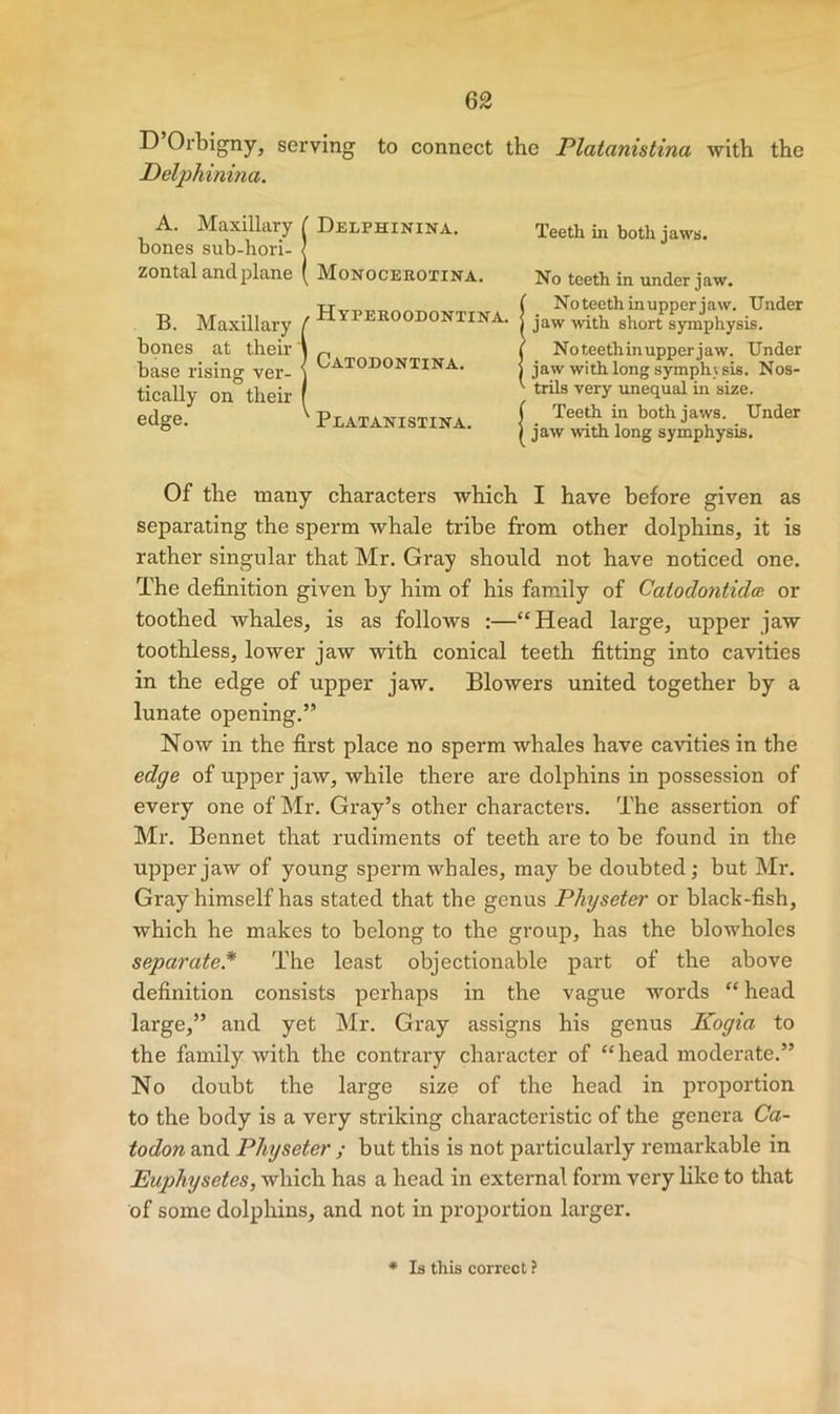 D Orbigny, serving to connect the Platanistina with the Pelphinina. A. Maxillary ^ Delphinina. bones siib-hori- | zontal and plane ( Monocerotina. B. Maxillary [ Hyperoodontina. bones at their \ ^ base rising ver- Catodoniina. tically on their ( edge. ' Platanistina, Teeth in both jaws. No teeth in under jaw. Noteeth in upper jaw. Under jaw with short symphysis. Noteethinupperjaw. Under jaw with long symphysis. Nos- trils very unequal in size. Teeth in both jaws. Under jaw with long symphysis. Of the many characters which I have before given as separating the sperm whale tribe from other dolphins, it is rather singular that Mr. Gray should not have noticed one. The definition given by him of his family of Catodontida or toothed whales, is as follows :—“Head large, upper jaw toothless, lower jaw with conical teeth fitting into cavities in the edge of upper jaw. Blowers united together by a lunate opening.” Now in the first place no sperm whales have cavities in the edge of upper jaw, while there are dolphins in possession of every one of Mr. Gray’s other characters. The assertion of Mr. Bennet that rudiments of teeth are to be found in the upper jaw of young sperm whales, may be doubted; but Mr. Gray himself has stated that the genus Physeter or black-fish, which he makes to belong to the group, has the blowholes separate* The least objectionable part of the above definition consists perhaps in the vague words “ head large,” and yet Mr. Gray assigns his genus Kogia to the family with the contrary character of “head moderate.” No doubt the large size of the head in pi'oportion to the body is a very striking characteristic of the genera Ca- todon and Physeter ; but this is not particularly remarkable in Euphysetes, which has a head in external form very like to that of some dolphins, and not in proportion larger. * Is this correct ?