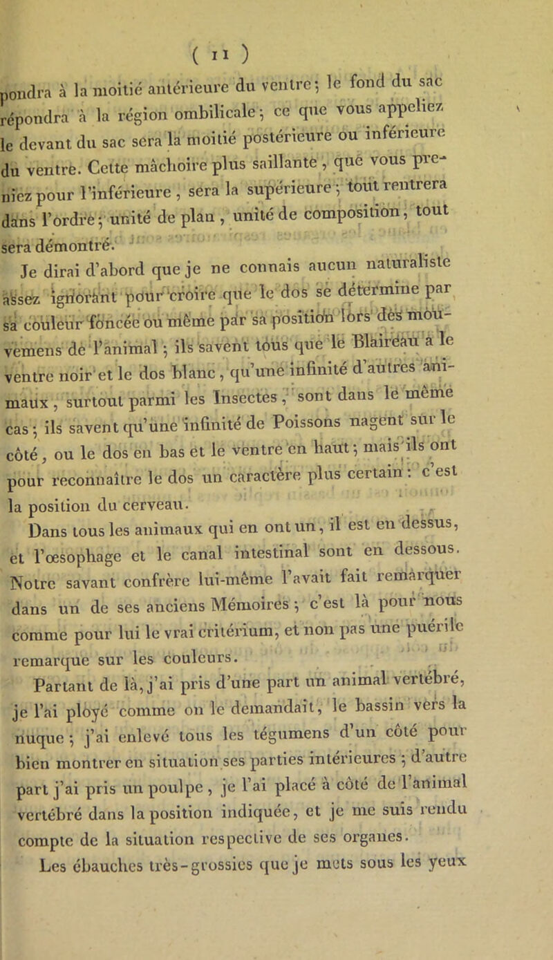 pondra à la moitié antérieure du ventre-, le fond du sac répondra à la région ombilicale-, ce que vous appeliez le devant du sac sera la moitié postérieure ou inferieure du ventre. Cette mâchoire plus saillante , que vous pre- niez pour l’inférieure, sera la supérieure-, toiit rentrera dâns l’ordre Vunité de plan , unité de composition, tout sera démontré. ^ ’ Je dirai d’abord que je ne connais aucun naturaliste âfesez îgîiiorànt'pouréfoire que le dos sé détermine par sa couleur fdncéé ou mëmè pdr sa posîtioW lbrs' vemeiis dé ■l’animal 5 ils 'savéhi téüs que'le Blkiréait a ie ventre noir’et le dos blanc, qu’une infinité d’autres ani- maux , surtout parmi les Insectes ,sont dans le mênié cas-, ils savent qu’une infinité de Poissons nagent sur le côté, ou le dos en bas et le ventre en haut 5 maisfils ont pour reconnaître le dos un caractère plus certain . c est la position du cerveau. . ^ Dans tous les animaux qui en ont un, il est eu dessus, et l’œsopbage et le canal intestinal sont en dessous. Notre savant confrère lui-même l’avait fait remarquer dans un de ses anciens Mémoires -, c’est là pour nous comme pour lui le vrai critérium, et non jias une puérile remarque sur les couleurs. Partant de là, j’ai pris d’une part un animal vertébré, je l’ai plôyé comme on le demandait, le bassin vèrs la nuque 5 j’ai enlevé tous les tegumens d un cote poui bien montrer en situation ses parties intérieures 5 d autre part j’ai pris un poulpe , je 1 ai place a côté de 1 animal vertébré dans la position indiquée, et je me suis lendu compte de la situation respective de ses organes. Les ébauches très-grossics que je mots sous les yeux