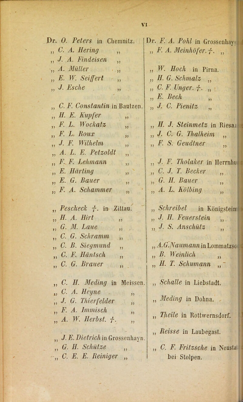 Dr. 0. Peters in Chemnitz. „ C. A. Hering „ J. A. Findeisen „ A. Müller „ E. W. Sei ff er t „ J. Esche 77 > 7 77 77 77 „ C. F. Constantin in Bautzen. „ II. E. Kupfer „ F. L. Wockatz „ F. L. Roux „ J. F. Wilhelm 77 >7 77 77 A. L. E. Petzoldt „ F. F. Lehmann „ E. Harting „ E. G. Bauer F. A. Schammer 77 77 77 „ Pescheck f. in Zittau. „ II. A. Hirt „ „ G. M. Laue „ , ,, C. G. Schramm „ „ C. B. Siegmund „ „ C. F. Häntsch „ C. G. Brauer „ Dr. F. A. Pohl in Grossenhay , F. A. Meinhöf er. f. „ ,, C. II. Meding in Meissen. u C. A. Heyne ,, J. G. Thier fehler „ F. A. Immisch „ A. W. Herbst, f. 77 77 77 77 „ J. E. Dietrich in Grossenliayri. „ G. II. Schütze „ „ C. E. E. Beiniger „ ,, W. Hoch in Pirna. „ II. G. Schmalz „ » c■ F- Unger. f. „ » E „ J. C. Pienitz ,, II. J. Steinmetz in Riesa. ; „ J. C. G. Thalheim „ „ F. S. Geudtner „ „ J- F. Tholaker in Herrnhu „ C. J. T. Becker „ „ G. II. Bauer „ „ A. L. Iiölbing „ ,, Schreibei in Königstein „ J. II. Feuerstein ,, J. S. Anschütz 77 77 „ A.G.Naumann in Lommatzsc „ ß. Weinlich n „ II. T. Schumann „ ~ „ Schalle in Liebstadt. ,, Meding in Dohna. - „ TJieile in Rottwernsdorf. „ Beisse in Laubegast. ,, C. F. Fritzsche in Neusla bei Stolpen.