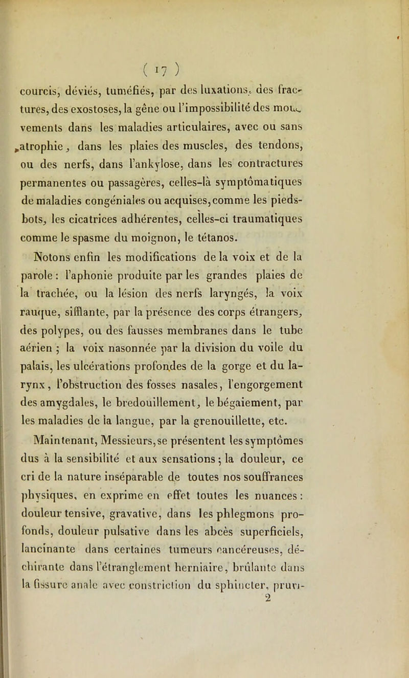 courcis, déviés, tuméfiés, par des luxations, des lrai> tures, des exostoses, la gêne ou l’impossibilité des mou^ vements dans les maladies articulaires, avec ou sans ^atrophie, dans les plaies des muscles, des tendons, ou des nerfs, dans l’ankylose, dans les contractures permanentes ou passagères, celles-là symptomatiques de maladies congéniales ou acquises,comme les pieds- bots, les cicatrices adhérentes, celles-ci traumatiques comme le spasme du moignon, le tétanos. Notons enfin les modifications de la voix et de la parole : l’aphonie produite par les grandes plaies de la trachée, ou la lésion des nerfs laryngés, la voix rauque, sifflante, par la présence des corps étrangers, des polypes, ou des fausses membranes dans le tube aérien ; la voix nasonnée par la division du voile du palais, les ulcérations profondes de la gorge et du la- rynx , l’obstruction des fosses nasales, l’engorgement des amygdales, le bredouillement, le bégaiement, par les maladies de la langue, par la grenouillette, etc. Maintenant, Messieurs,se présentent les symptômes dus à la sensibilité et aux sensations ; la douleur, ce cri de la nature inséparable de toutes nos souffrances physiques, en exprime en effet toutes les nuances : douleur tensive, gravative, dans les phlegmons pro- fonds, douleur pulsative dans les abcès superficiels, lancinante dans certaines tumeurs cancéreuses, dé- chirante dans l’étranglement herniaire, brûlante dans la fissure anale avec constriction du sphincter, pruvi- 2