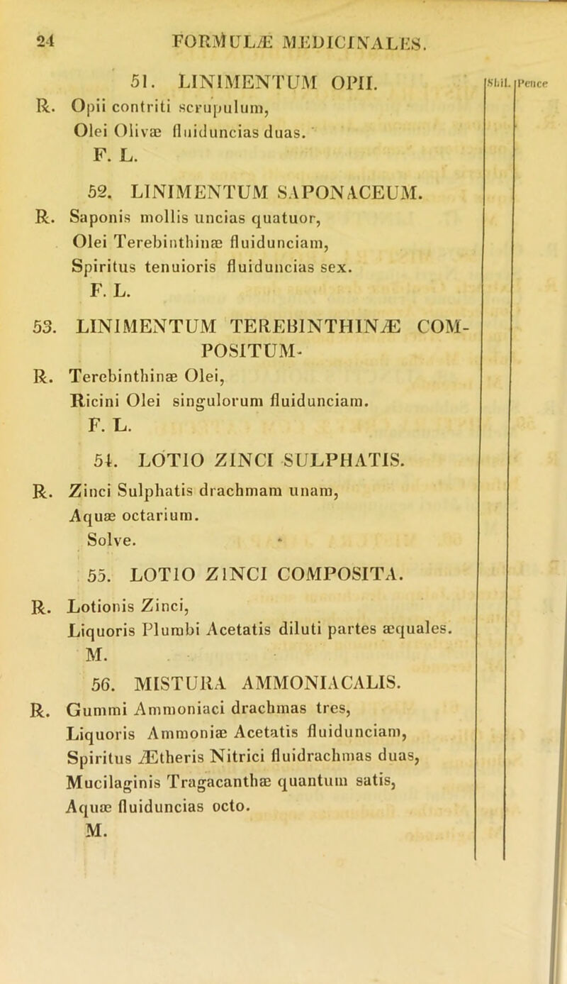 51. LINIMENTUM OPII. R. 0|)ii contriti scrupulum, Olei Oliva; 11 uitluncias duas. 52. LINIMENTUM SAPONACEUM. R. Saponis mollis uncias quatuor, Olei Terebinthina; fluidunciam, Spiritus tenuioris fluiduncias sex. 53. LINIMENTUM TEREBINTHINAE COM- POSITUM- R. Terebinthinae Olei, Ricini Olei singulorum fluidunciam. 51. LOTIO ZINCI SULPHATIS. R. Zinci Sulphatis drachmam unam, Aquae octarium. Solve. 55. LOTIO ZINCI COMPOSITA. R. Lotionis Zinci, Liquoris Plumbi Acetatis diluti partes aequales. 56. MISTURA AMMONIACALIS. R. Gummi Ammoniaci drachmas tres, Liquoris Ammoniae Acetatis fluidunciam, Spiritus AEtheris Nitrici fluidrachmas duas, Mucilaginis Tragacanthae quantum satis, Aquae fluiduncias octo. M. SliiL Pciicp