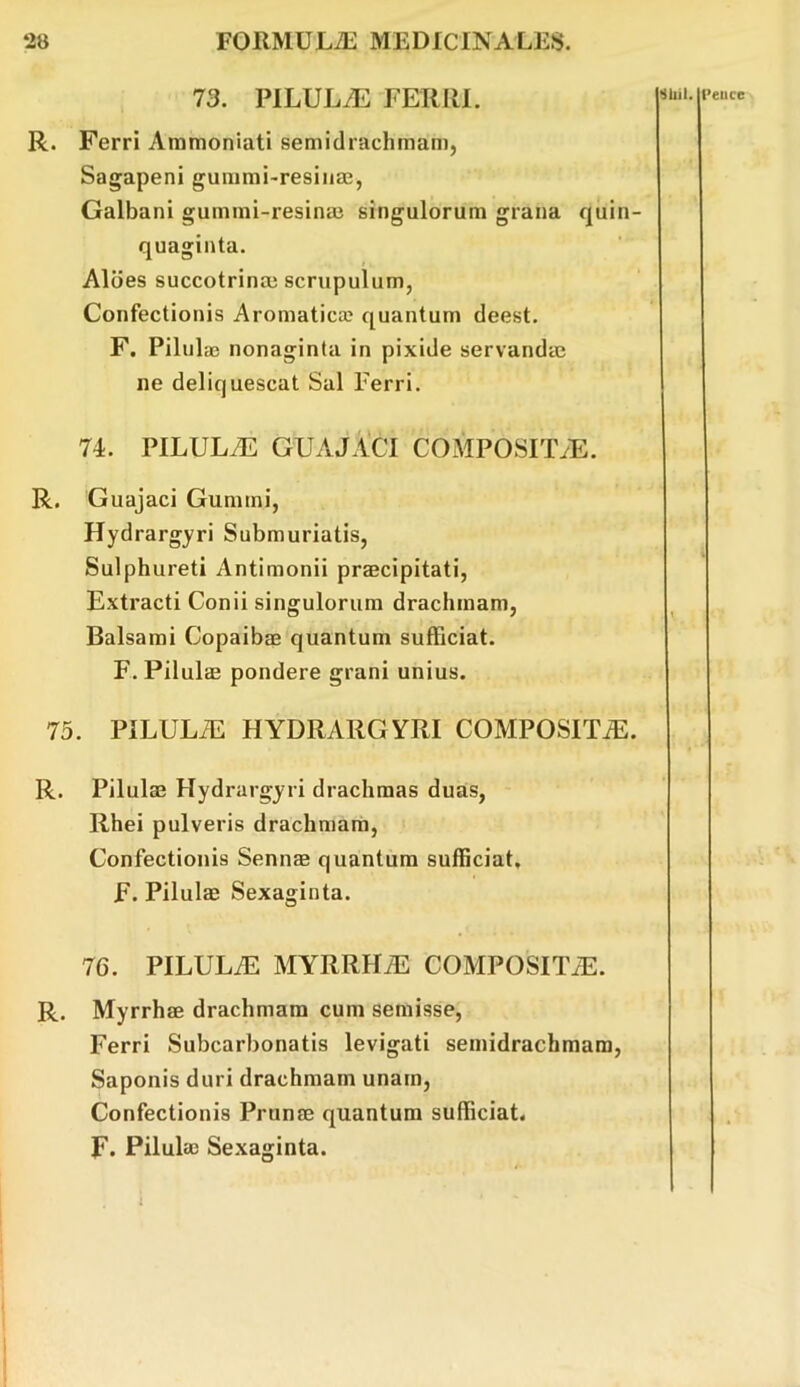 73. PILULiE FERRI. R. Ferri Ammoniati semidrachmam, Sagapeni gummi-resiuae, Galbani gummi-resinae singulorum grana quin- quaginta. Albes succotrinoe scrupulum, Confectionis Aromatica? quantum deest. F. Pilulae nonaginta in pixide servandae ne deliquescat Sal Ferri. 74. PILULiE GUAJACI COMPOSITAE. R. Guajaci Gumini, Hydrargyri Submuriatis, Sulphureti Antimonii praecipitati, Extracti Conii singulorum drachmam, Balsami Copaibse quantum sufficiat. F. Pilulae pondere grani unius. 75. PILULiE HYDRARGYRI COMPOSITAE. R. Pilulae Hydrargyri drachmas duas, Rhei pulveris drachmam, Confectionis Sennae quantum sufficiat. F. Pilulae Sexaginta. 76. PILUIAE MYRRHaE COMPOSITaE. R. Myrrhae drachmam cum semisse, Ferri Subcarbonatis levigati semidrachmam, Saponis duri drachmam unam, Confectionis Prunae quantum sufficiat. F. Pilulae Sexaginta. I