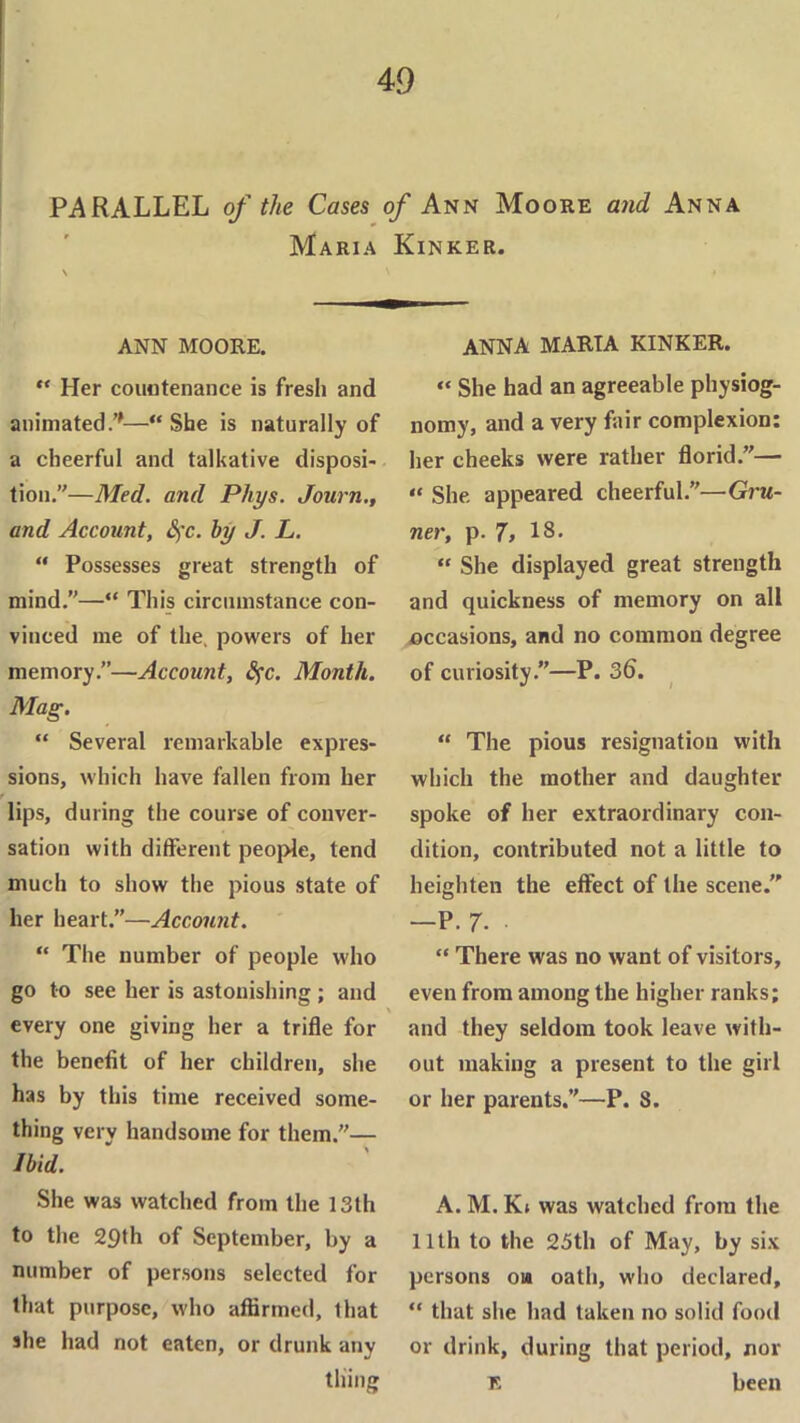 PARALLEL of the Cases of Ann Moore and Anna Maria Kinker. ANN MOORE. “ Her countenance is fresh and animated.’'—“ She is naturally of a cheerful and talkative disposi- tion.”—Med. and Phys. Jown,, and Account, Sfc. by J. L. “ Possesses great strength of mind.”—“ This circumstance con- vinced me of the, powers of her memory.”—Account, S^c. Month. Mag. “ Several remarkable expres- sions, which have fallen from her f lips, during the course of conver- sation with different people, tend much to show the pious state of her heart.”—Account. “ The number of people who go to see her is astonishing ; and every one giving her a trifle for the benefit of her children, she has by this time received some- thing very handsome for them.— Ibid. She was watched from the 13th to the 29th of September, by a number of persons selected for that purpose, who affirmed, that she had not eaten, or drunk any thing ANNA MARTA KINKER. “ She had an agreeable physiog- nomy, and a very fair complexion: her cheeks were rather florid.”— “ She appeared cheerful.”—Ot'U- ner, p. 7> 18* “ She displayed great strength and quickness of memory on all occasions, and no common degree of curiosity.”—P. 36. “ The pious resignation with which the mother and daughter spoke of her extraordinary con- dition, contributed not a little to heighten the effect of the scene.” -P. 7. “ There was no want of visitors, even from among the higher ranks; and they seldom took leave with- out making a present to the girl or her parents.”—P. 8. A. M. K» was watched from the 11th to the 25th of May, by six persons 01a oath, who declared, “ that she had taken no solid food or drink, during that period, nor K been