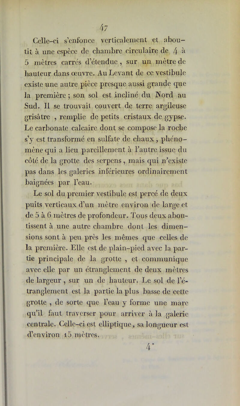 Celle-ci s’enfonce verticalement et abou- tit à une espèce (le chambre circulaire de 4 5 mètres carrés d’étendue , sur un mètre de hauteur dans œuvre. Au Levant de ce vestibule existe une autre pièce presque aussi grande que la première ; son sol est incliné du Nord au Sud. Il se trouvait couvert de terre argileuse grisâtre , remplie de petits cristaux de gypse. Le carbonate calcaire dont se compose la roche s’y est transformé en sulfate de chaux, phéno- mène qui a lieu pareillement à l'autre issue du côté de la grotte des serpens, mais qui n’existe pas dans les galeries inférieures ordinairement baignées par l’eau. Le sol du premier vestibule est percé de deux puits verticaux d’un mètre environ de large et de 5 à 6 mètres de profondeur. Tous deux abou- tissent à une autre chambre dont les dimen- sions sont à peu près les mêmes que celles de la première. Elle est de plain-pied avec la par- tie principale de la grotte , et communique avec elle par un étranglement de deux mètres de largeur , sur un de hauteur. Le sol de l’é- tranglement est la partie la plus basse de cette grotte , de sorte que l’eau y forme une marc qu’il faut traverser pour arriver à la galerie centrale. Celle-ci est elliptique, sa longueur est d’environ i5 mètres. V