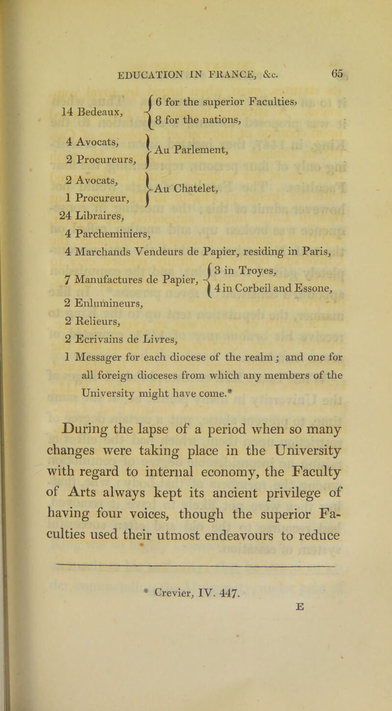 14 Bedeaux, {6 for the superior Faculties* 8 for the nations, 4 Avocats, 2 Procureurs, I f Au Parlement, its, I reur, j Au Chatelet, 2 Avocats, 1 Procure 24 Libraires, 4 Parcherainiers, 4 Marchands Vendeurs de Papier, residing in Paris, in Troyes, 7 Manufactures de Pap • J3i ler-l4i, in Corbeil and Essone, 2 Enlumineurs, 2 Relieurs, 2 Ecrivains de Livres, 1 Messager for each diocese of the realm; and one for all foreign dioceses from which any members of the University might have come.* During the lapse of a period when so many changes were taking place in the University with regard to internal economy, the Faculty of Arts always kept its ancient privilege of having four voices, though the superior Fa- culties used their utmost endeavours to reduce * Crevier, IV. 447. E